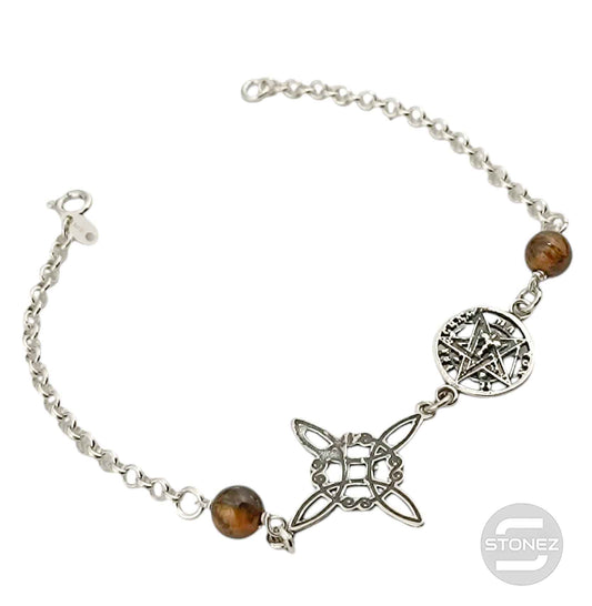 400802991-09 Pulsera Doble Protección Plata 925 Con Piedra Ojo De Tigre 18 Cms Aprox