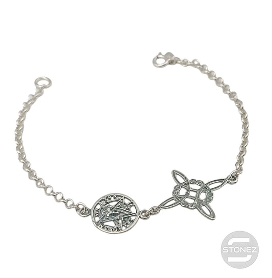 400802992 Pulsera de Plata Ley 925 Tetragramatón y nudo de Bruja Doble Protección 18 Cms