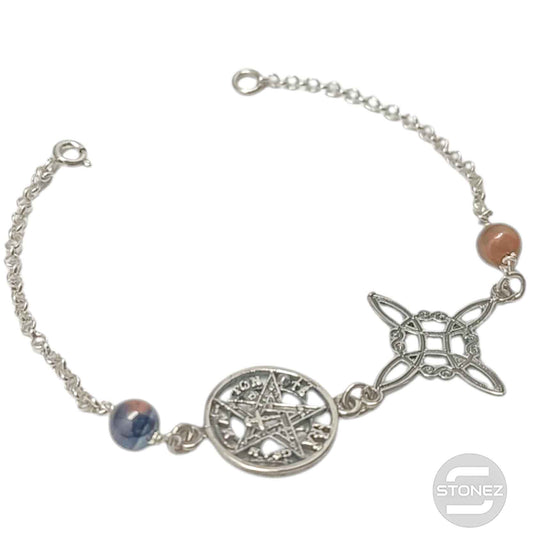 400803191-09 Pulsera Doble Protección Plata 925 Con Piedra Ojo De Tigre 18 Cms Aprox