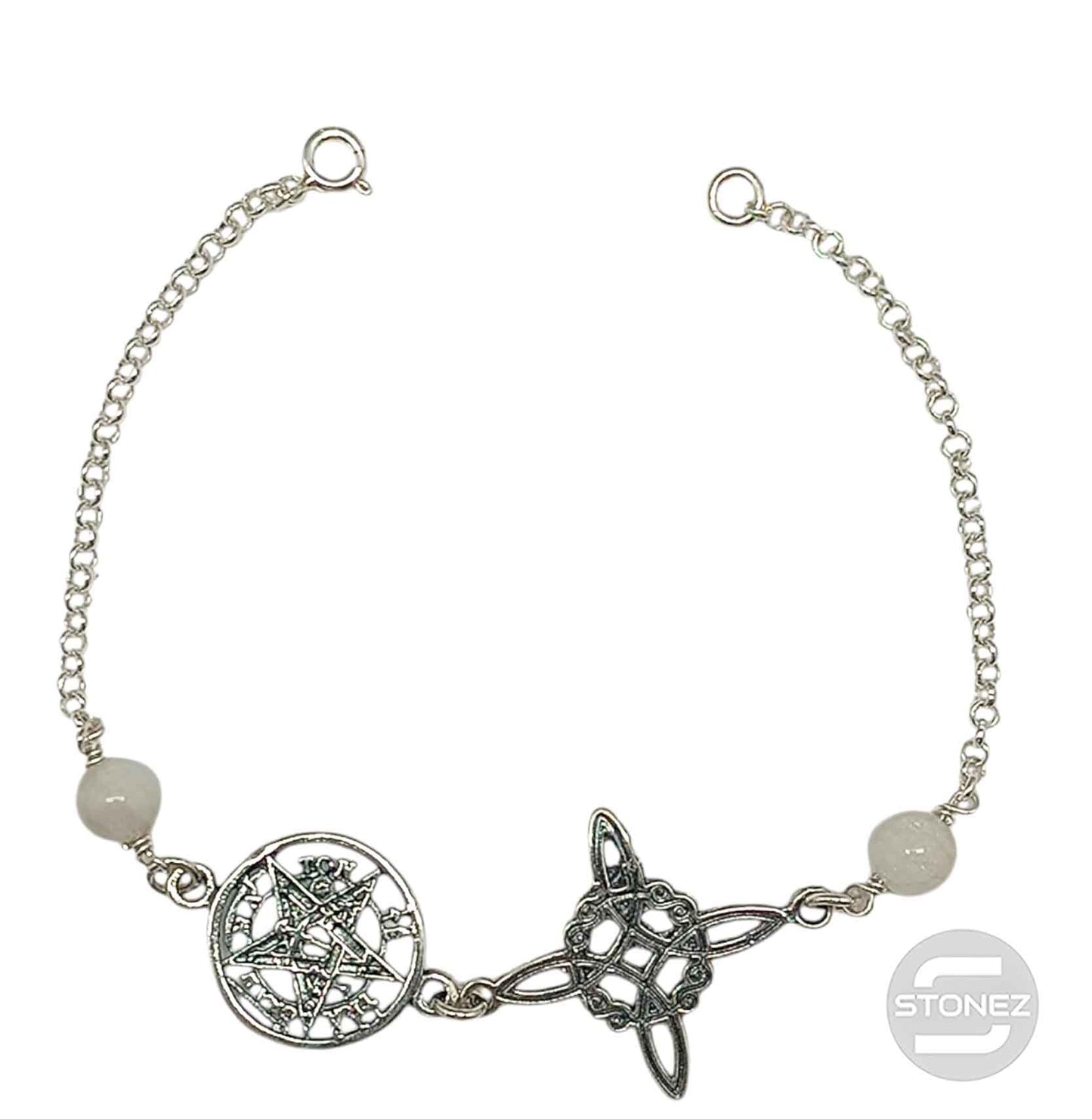 400803191-61 Pulsera Doble Protección Plata 925 Con Piedra Luna 18 Cms Aprox