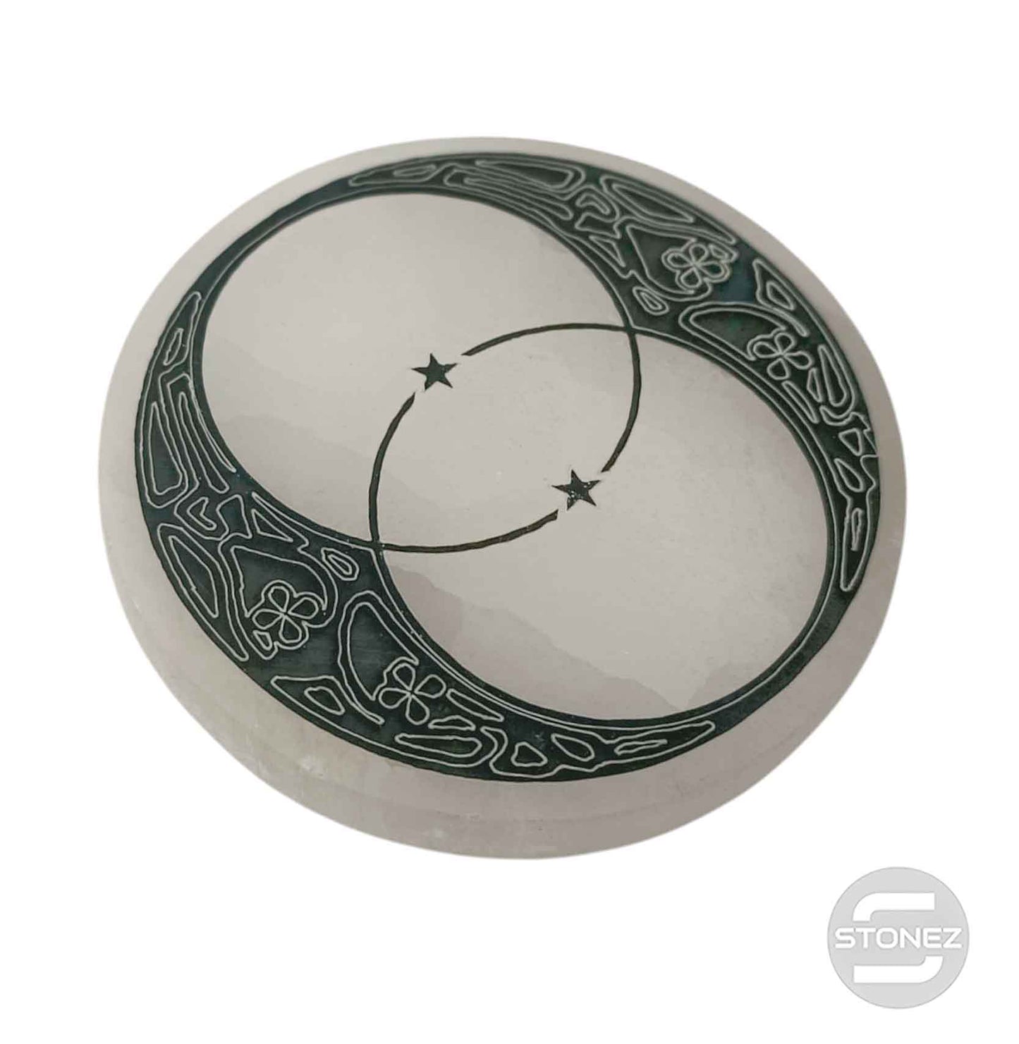 400901653-07 Plato Selenita Grabado Vesica Pisci 10 Cms Aprox