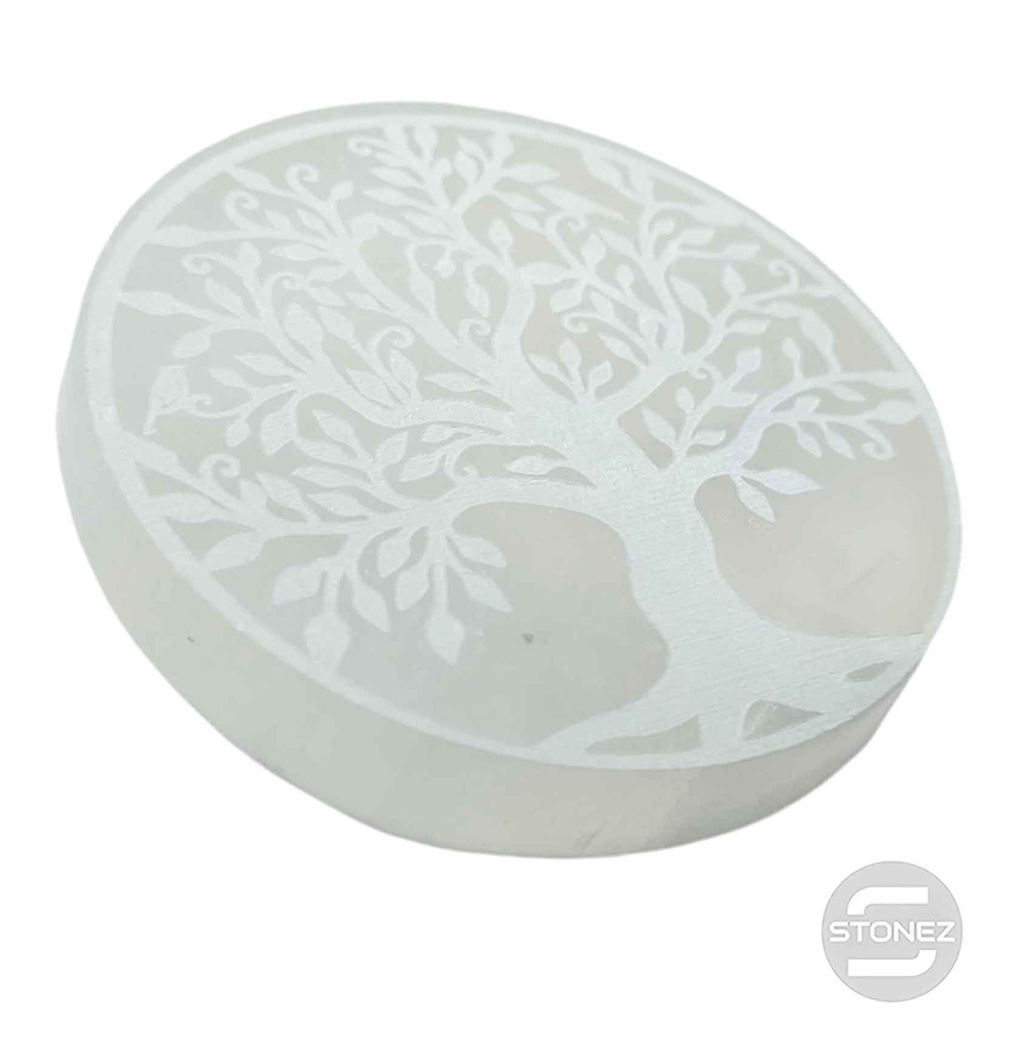 400901653-19 Plato Selenita Grabado Árbol De La Vida 10 Cms Aprox