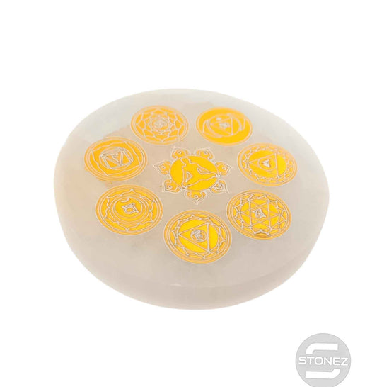 400901653 Plato Selenita Grabado 7 Chakras Simbolos Daorado 9-10 Cms Aprox