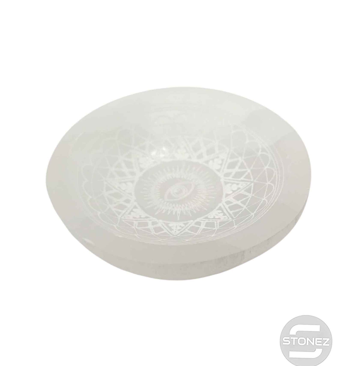 400901654 Cuenco Selenita Grabado Estrella y Ojo 8 Cms Aprox