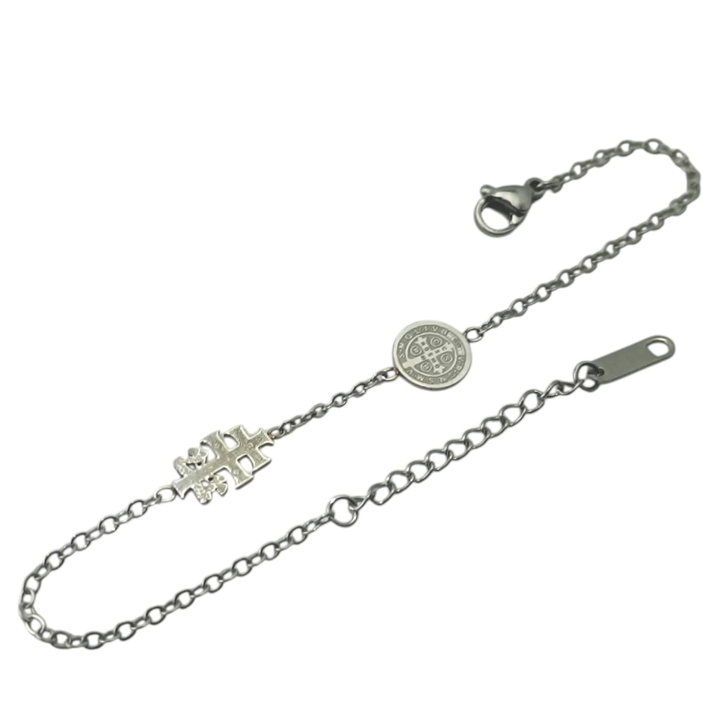 Pulsera Acero Doble Proteccion Con Dije Cruz Caravaca Y San Benito Largo 18cms Aprox Ref: 600104452
