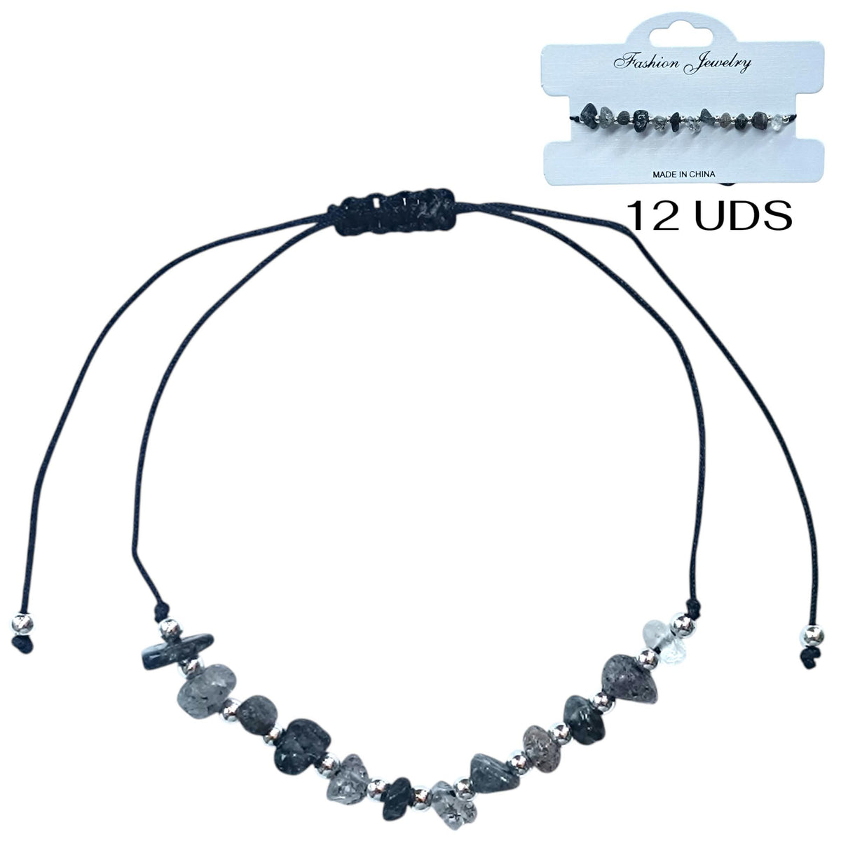 Paquete 12 Pulseras Hilo Con Piedra Cuarzo Rutilado Chips Y Bolas Acero