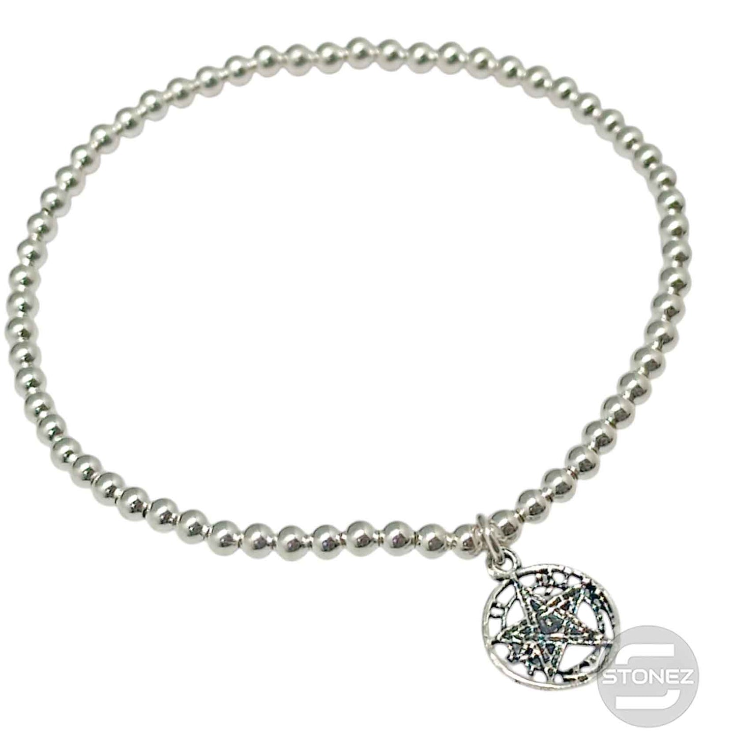 500303133 Pulsera Elastica de Plata 925 Con Bola 3 mm Dije De Tetragrammaton 9 mm