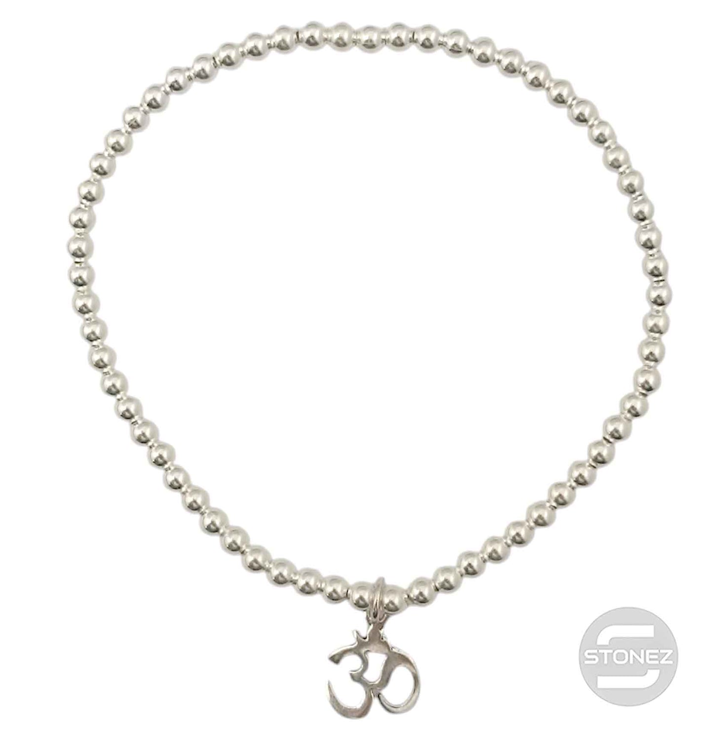 500303134 Pulsera Elastica de Plata 925 Con Bola 3 mm Dije De Om 9 mm