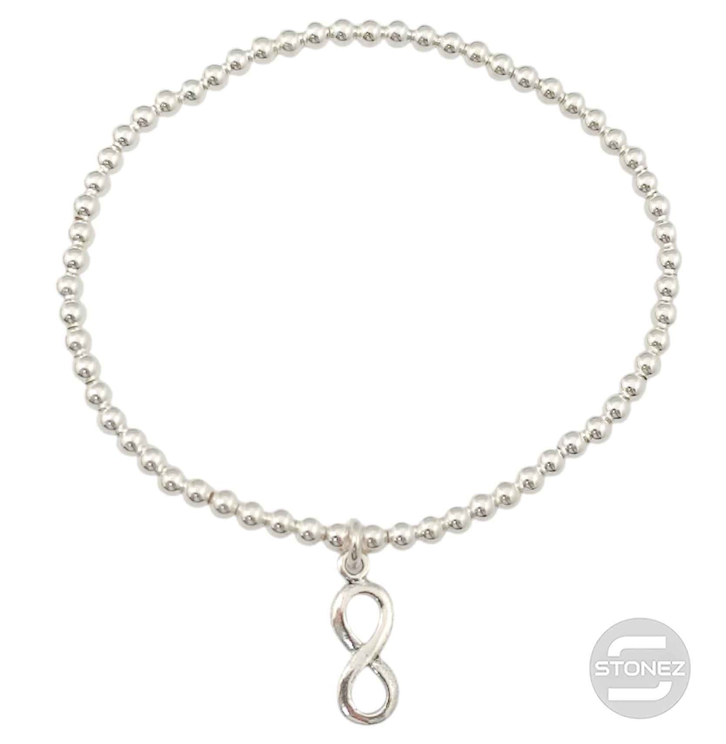500303136 Pulsera Elastica de Plata 925 Con Bola 3 mm Dije Infinito 6x14 mm