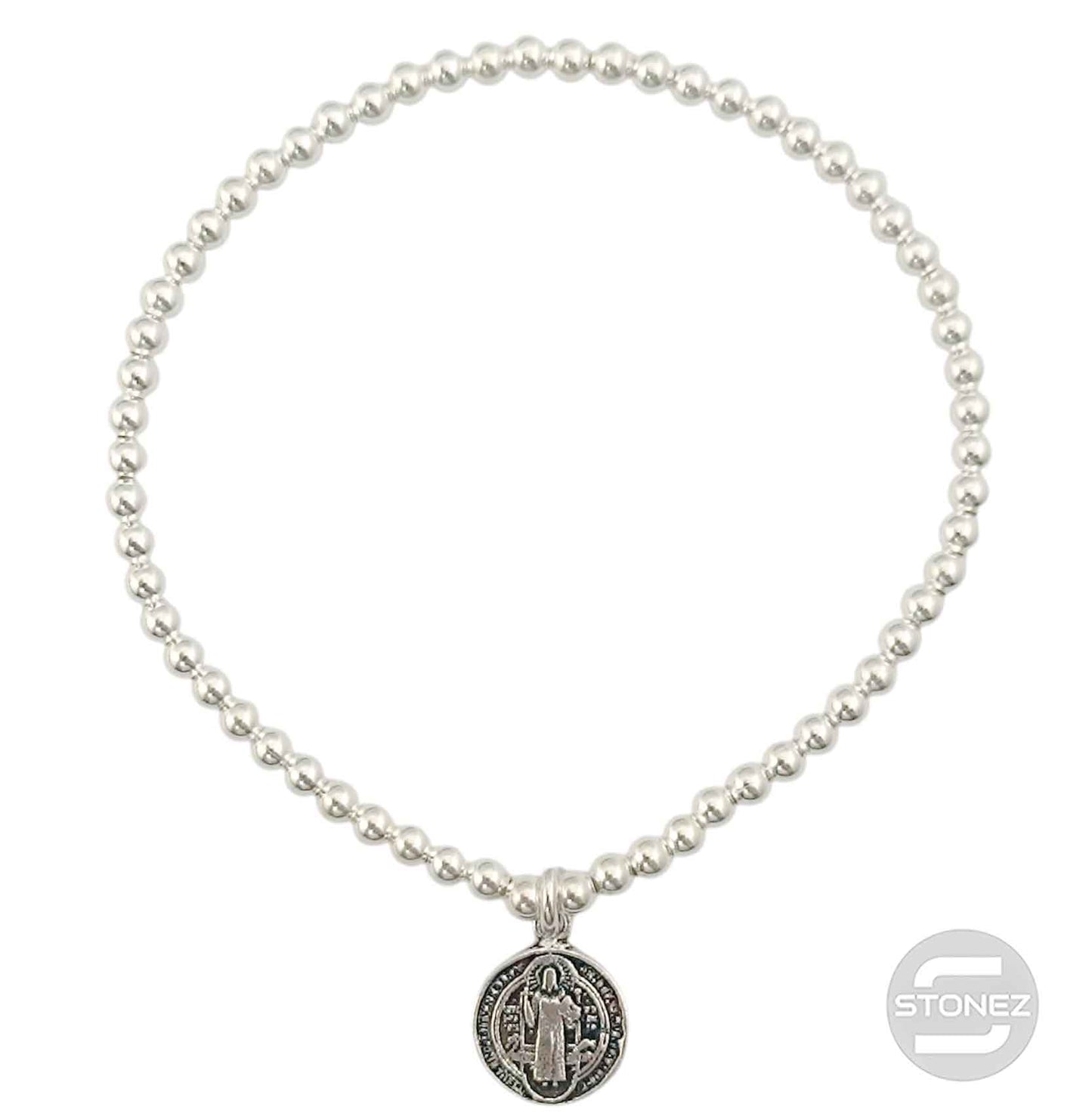 500303138 Pulsera Elastica de Plata 925 Con Bola 3 mm Dije San Benito 11 mm