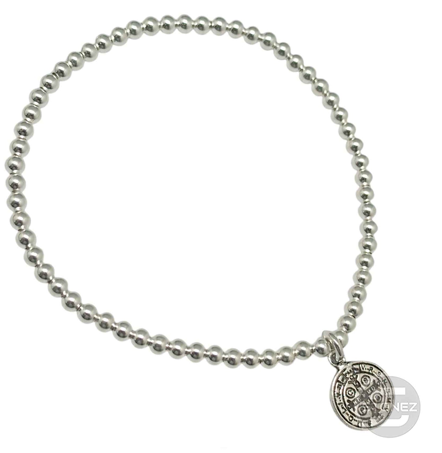 500303138 Pulsera Elastica de Plata 925 Con Bola 3 mm Dije San Benito 11 mm