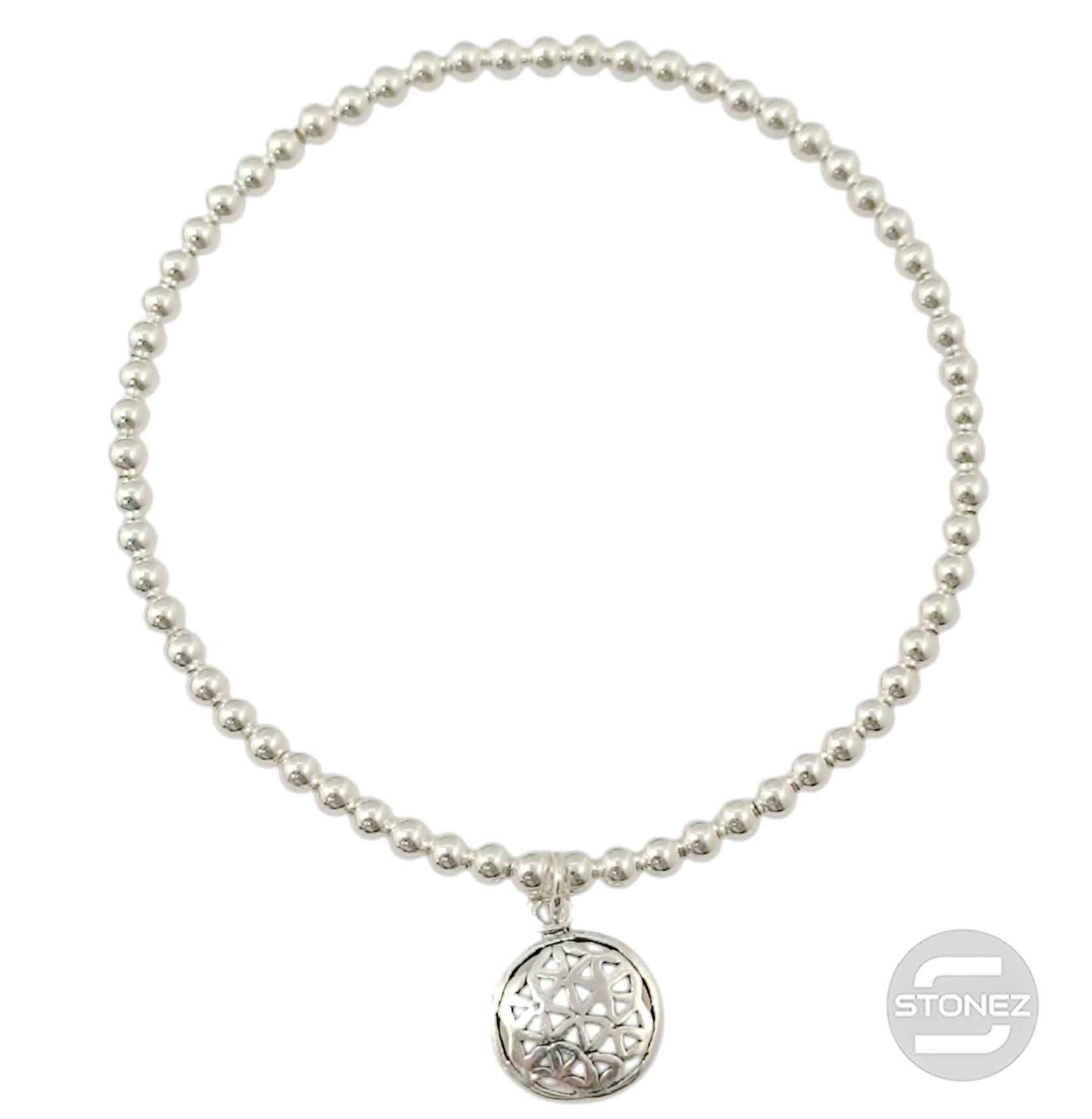 500303141 Pulsera Elastica de Plata 925 Con Bola 3 mm Flor De La Vida 11 mm