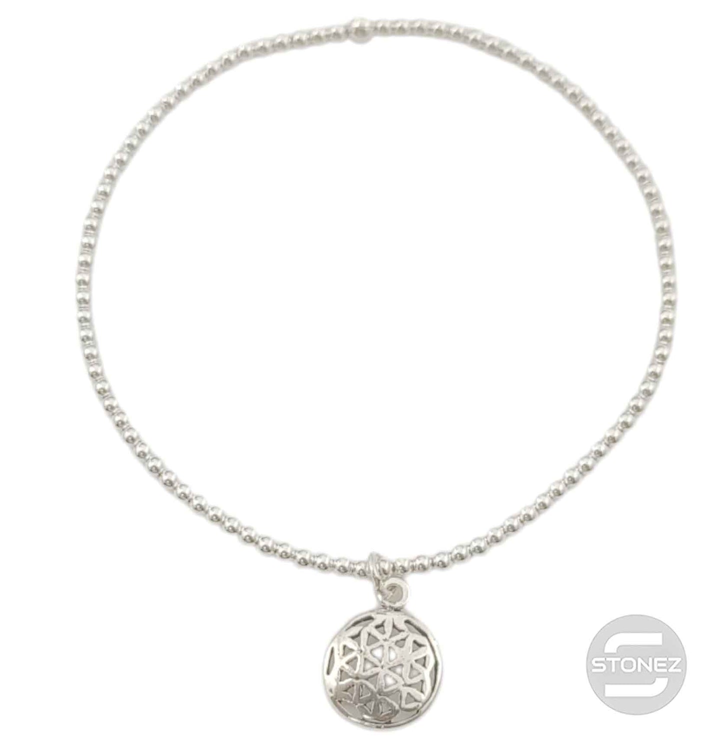 500303149 Pulsera Elastica de Plata 925 Con Bola 2 mm Flor De La Vida 11 mm