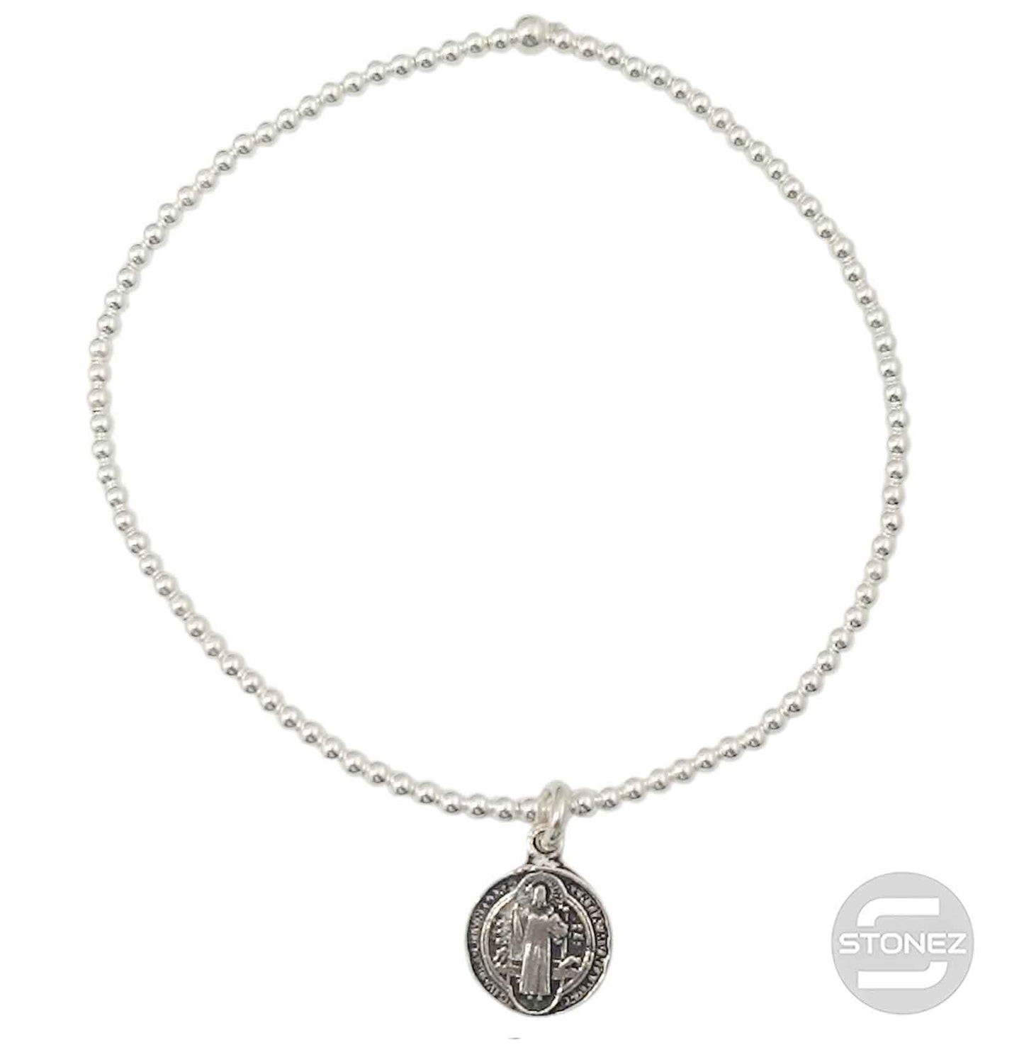 500303154 Pulsera Elastica de Plata 925 Con Bola 2 mm Dije San Benito 11 mm