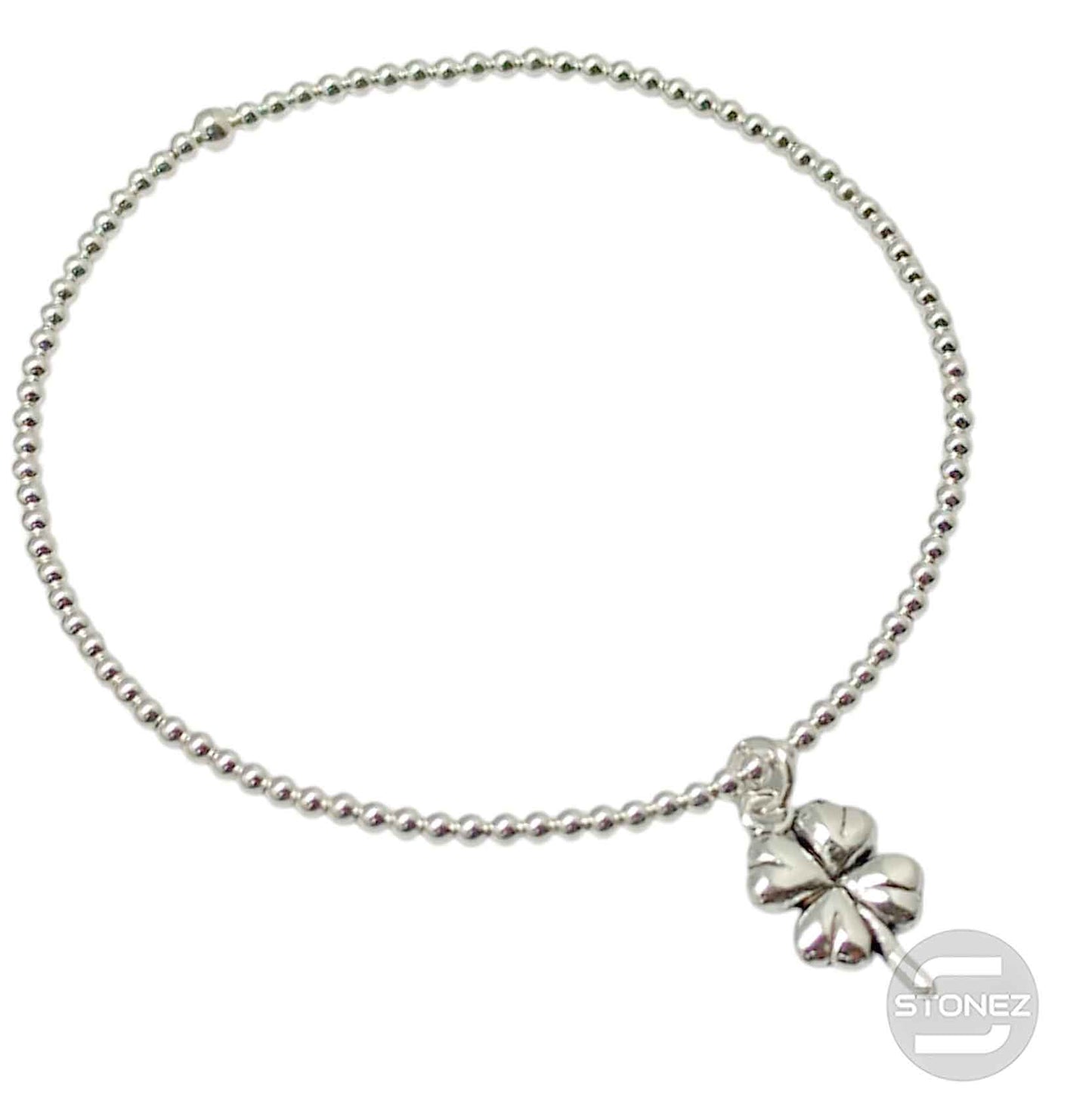 500303161 Pulsera Elastica de Plata 925 Con Bola 2 mm Dije Trebol 9x15 mm