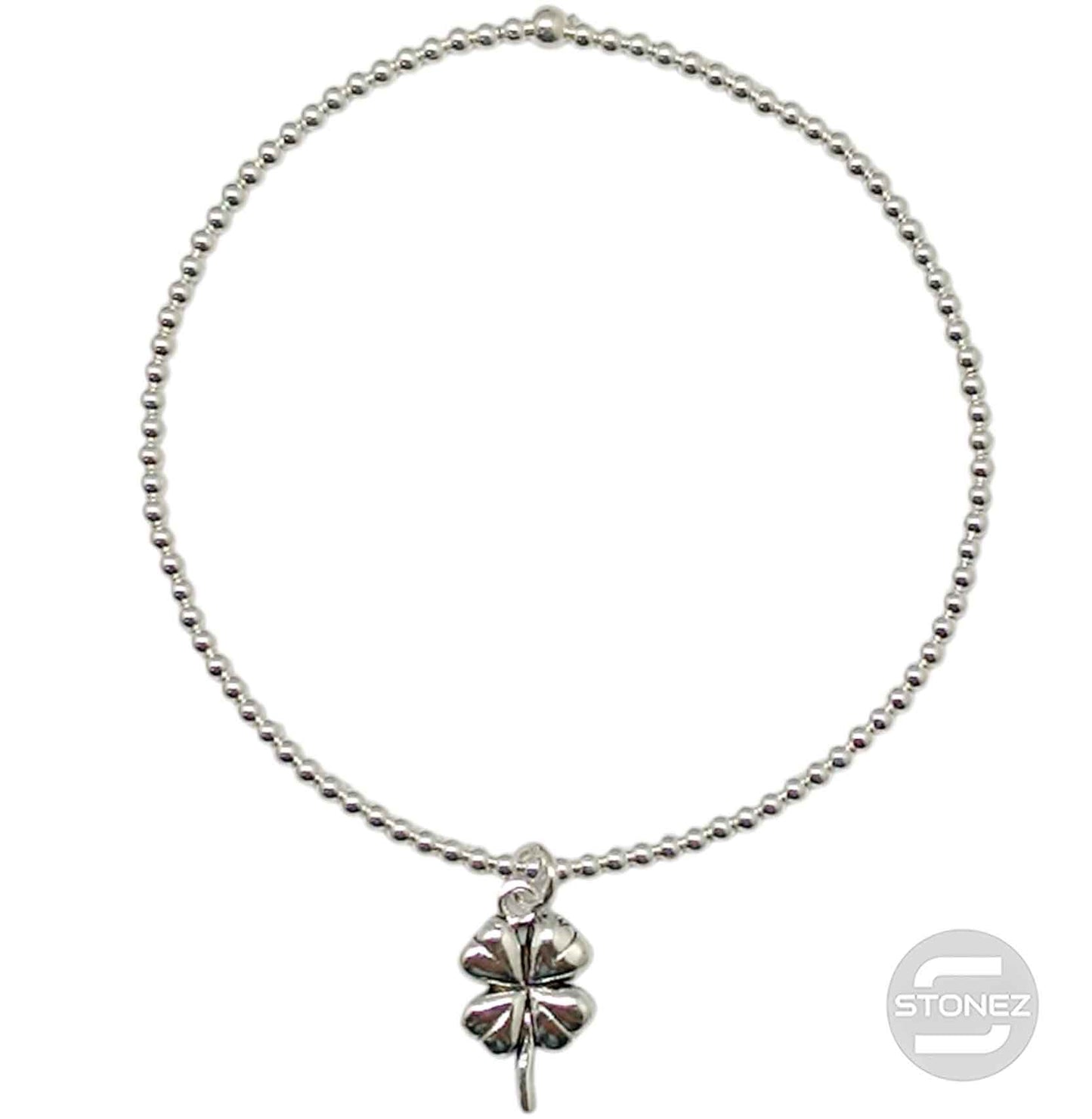500303161 Pulsera Elastica de Plata 925 Con Bola 2 mm Dije Trebol 9x15 mm