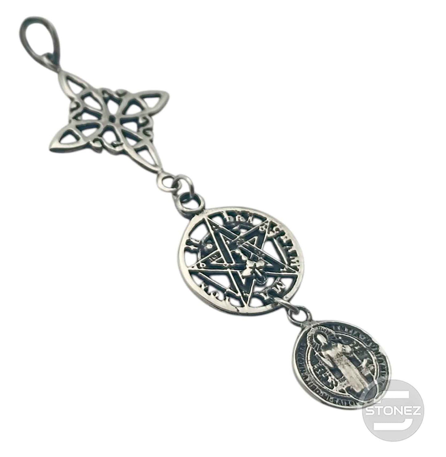 Colgante En Plata 925 Triple Proteccion Nudo De Bruja Tetragramaton Y San Benito 55 mm Largo Aporx 500303930
