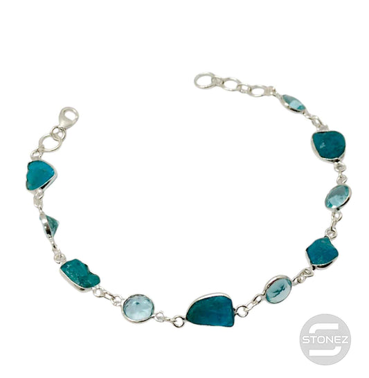 500702948 Pulsera Plata 925 Con Piedra Aguamarina Con Apatita 16+3 Cms Aprox
