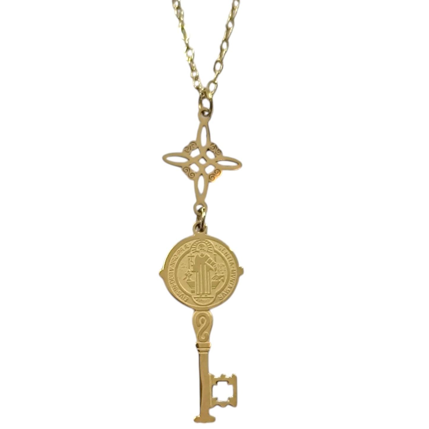 Collar Acero Dorado Nudo Bruja Y Llave San Benito Doble Proteccion Cadena 40+5 Cms 4005034320-06