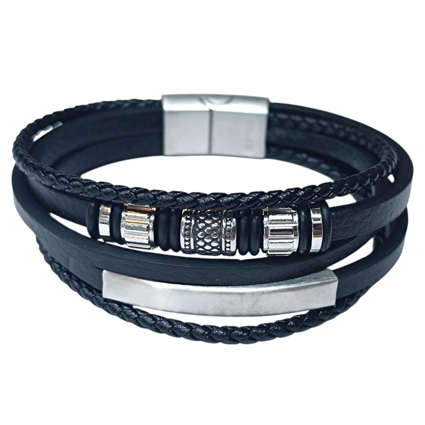 Pulsera Acero Y Cuero Negro Largo 22 Cms Aprox 401104257-41