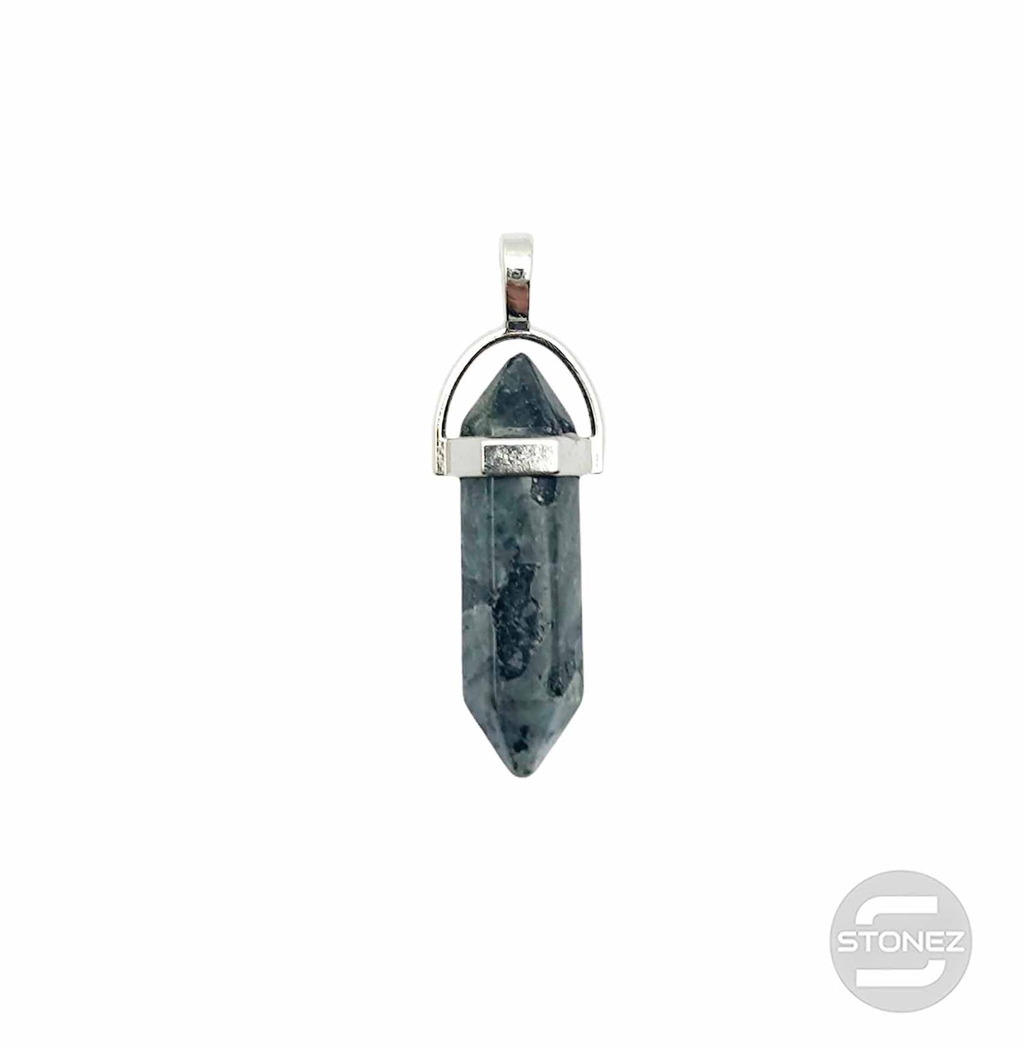 600101816 Colgante Doble Punta Piedra Larvikita 4 Cms Aprox Engarzado En Metal
