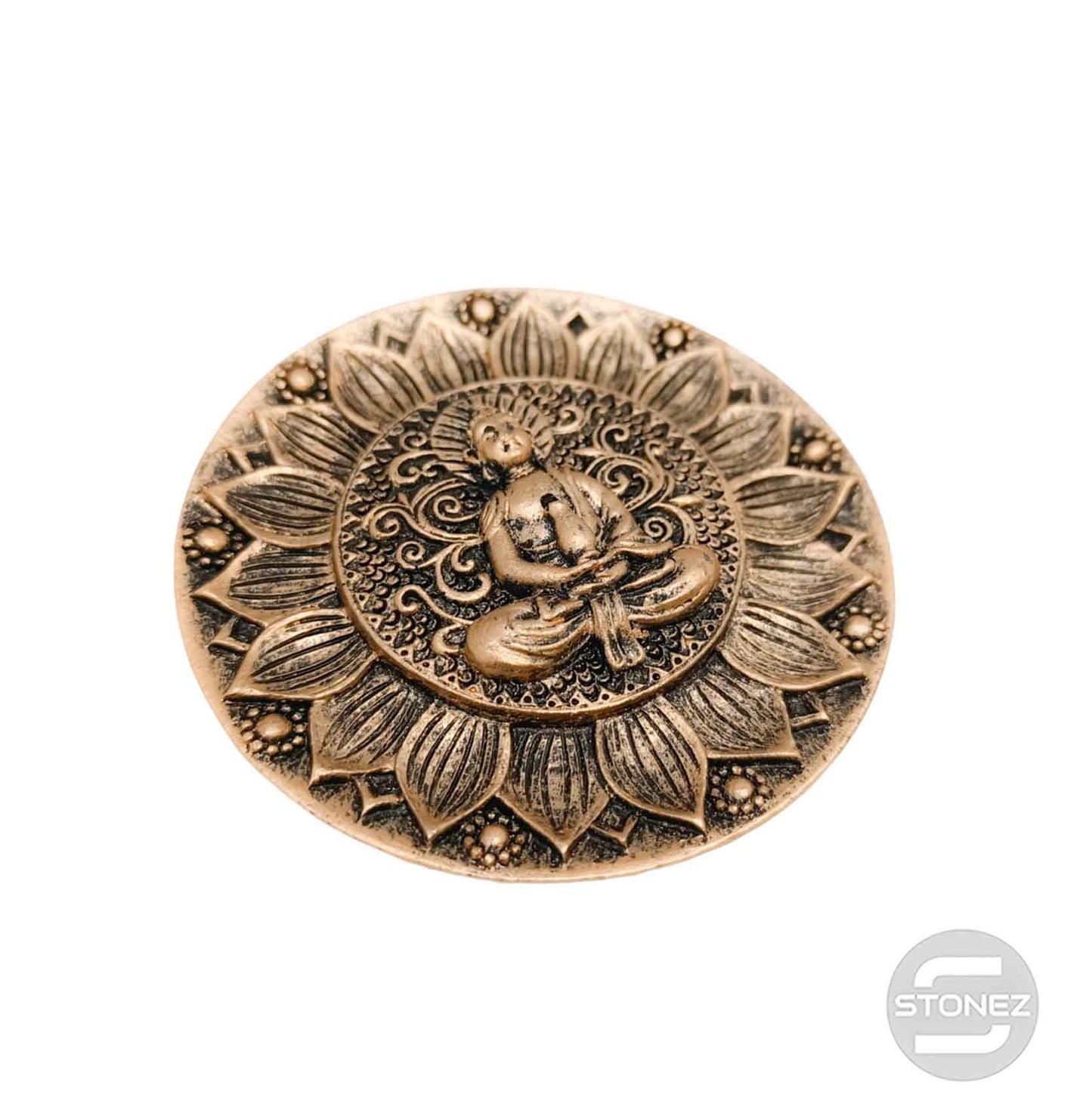 600102171-04 Porta Incienso Buda En Resina 9,5 Cms Aprox En Color Plata Bronce