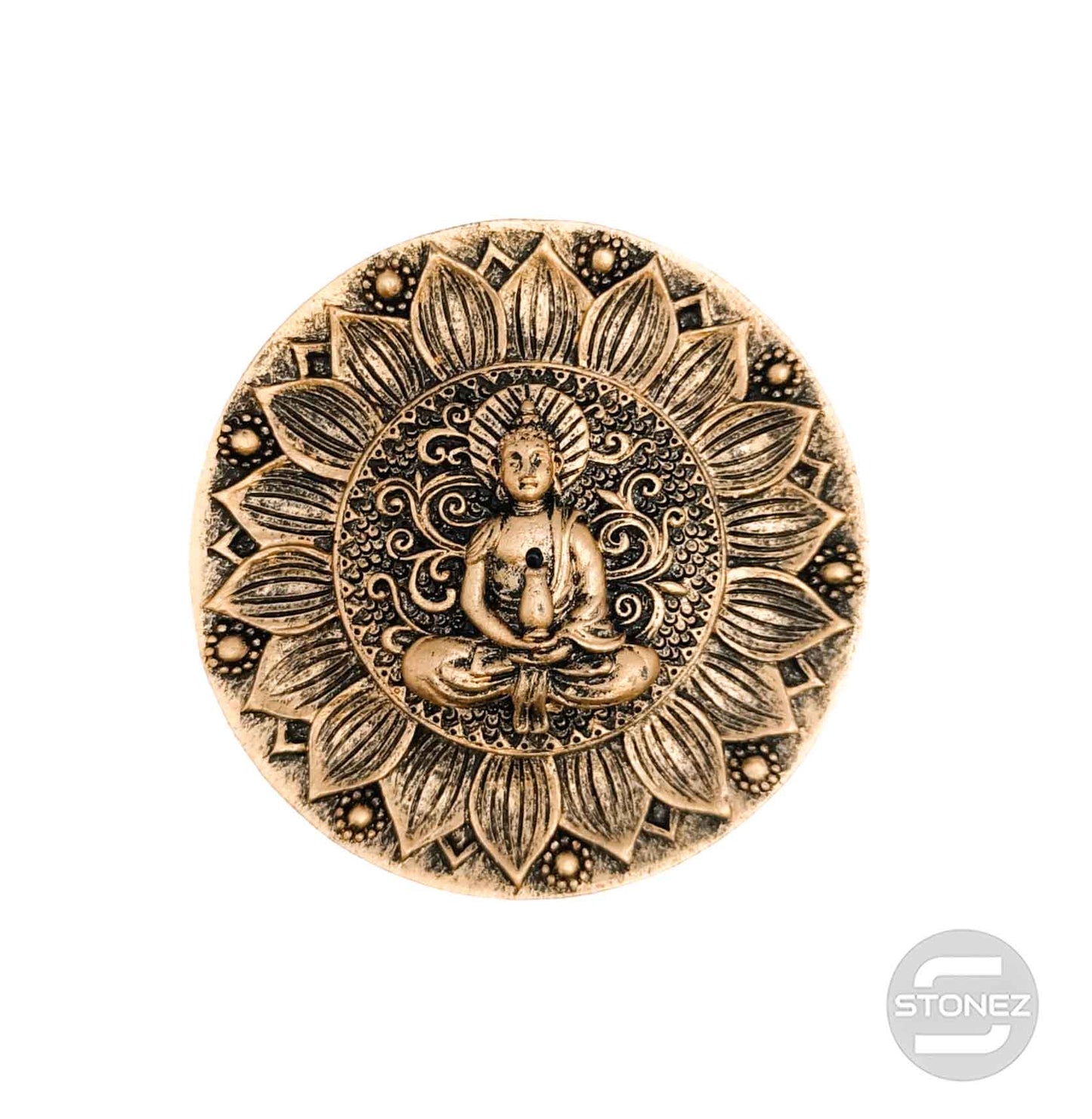600102171-04 Porta Incienso Buda En Resina 9,5 Cms Aprox En Color Plata Bronce