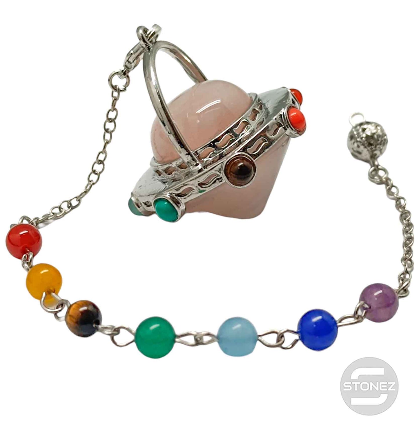 600102214-02 Péndulo En Forma De Ovni Mineral Cuarzo Rosa Y Piedras 7 Chakras 4 Cms Aprox