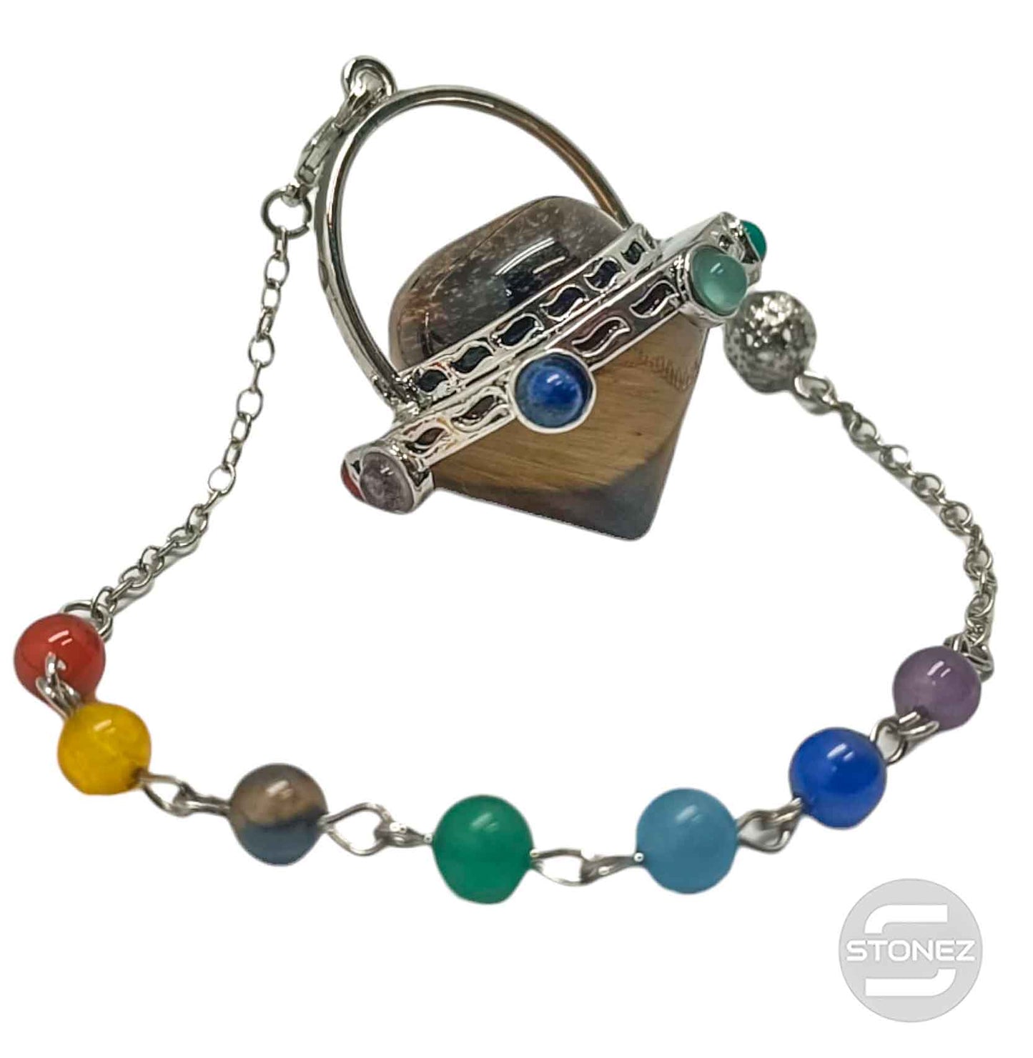 600102214-09 Péndulo En Forma De Ovni Mineral Ojo De Tigre Y Piedras 7 Chakras 4 Cms Aprox