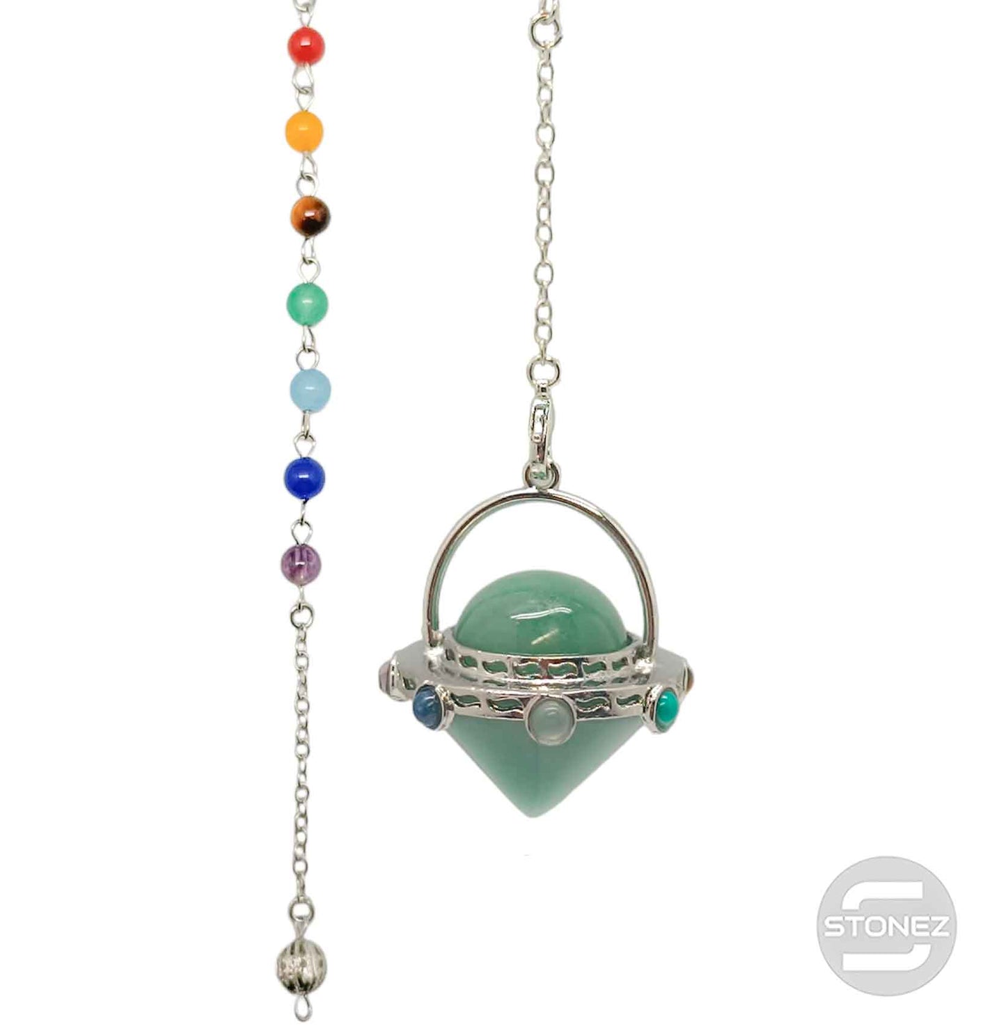 600102214-12 Péndulo En Forma De Ovni Mineral Aventurina Y Piedras 7 Chakras 4 Cms Aprox