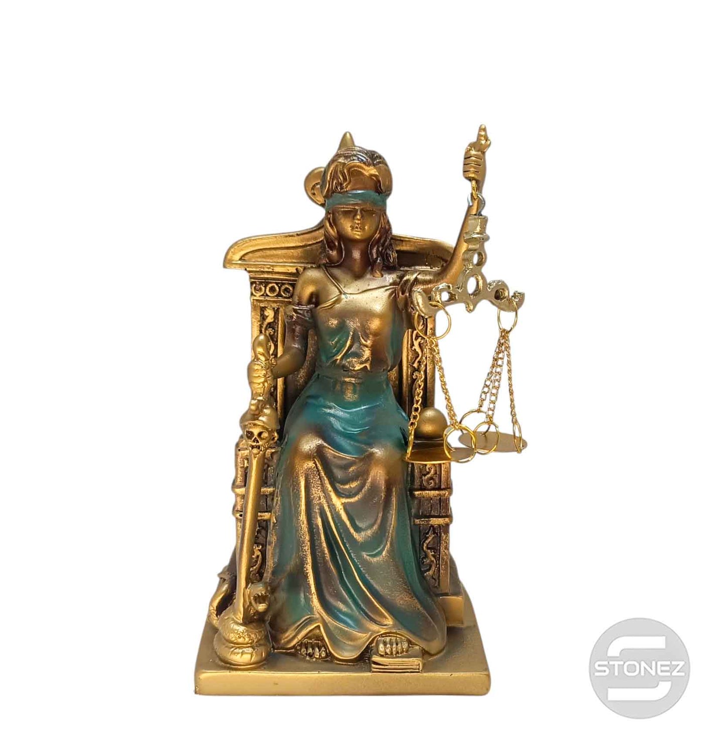 600102860 Figura En Resina Diosa De La Justicia Sentada 19 Cms Aprox Bronce/Verde
