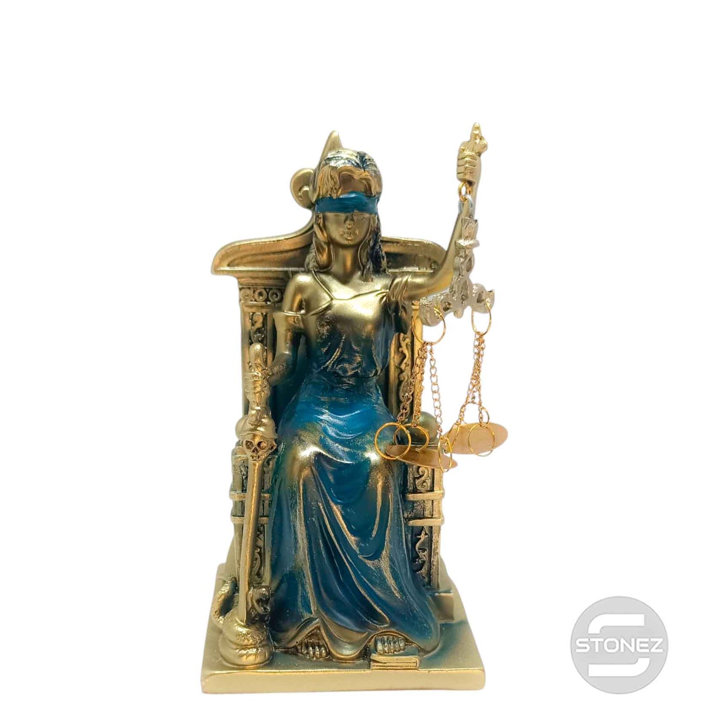 600102860 Figura En Resina Diosa De La Justicia Sentada 19 Cms Aprox Bronce/Azul