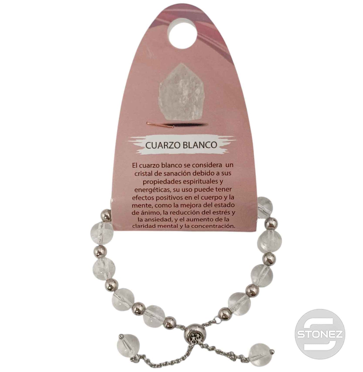 600103327 Pulsera Ajustable Piedra Natural 8 mm Cuarzo Blanco Y Bolas De Acero 4 mm