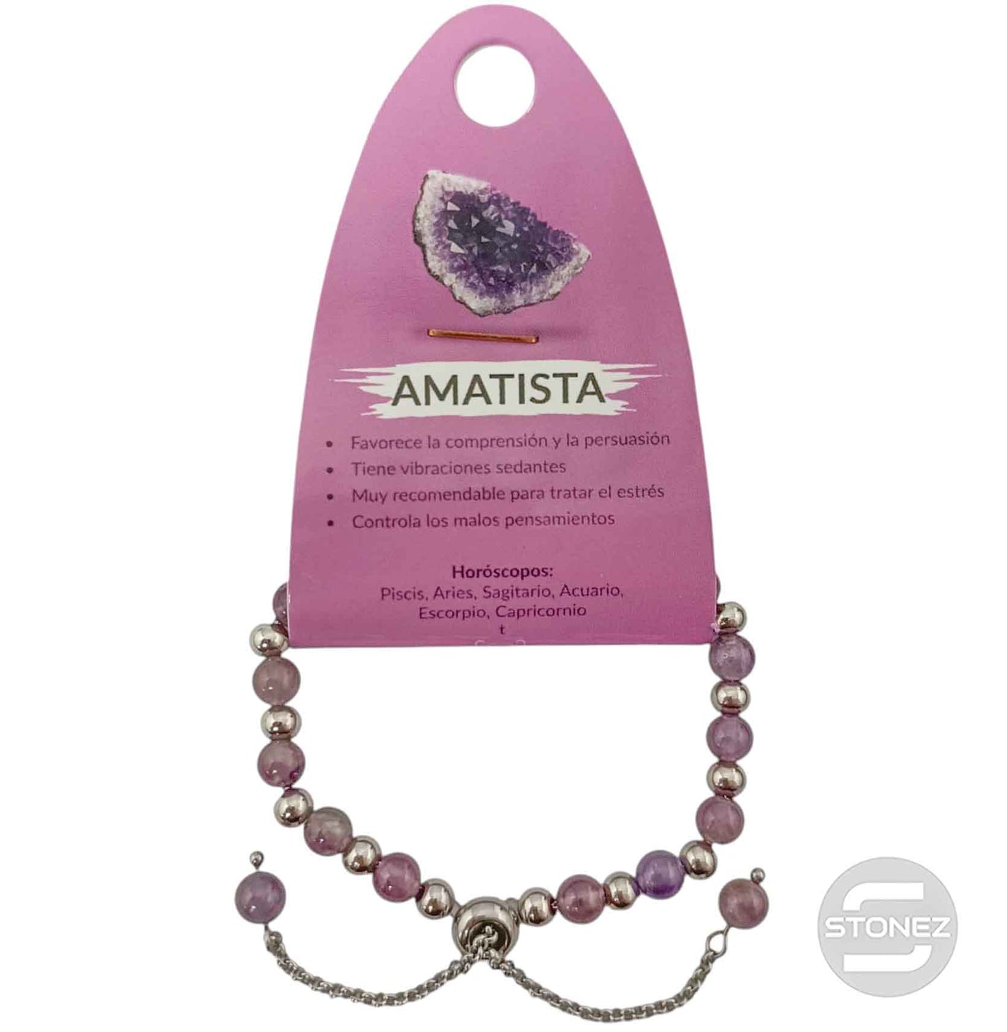 600103344 Pulsera Ajustable Piedra Natural 6 mm Amatista Y Bolas De Acero 4 mm