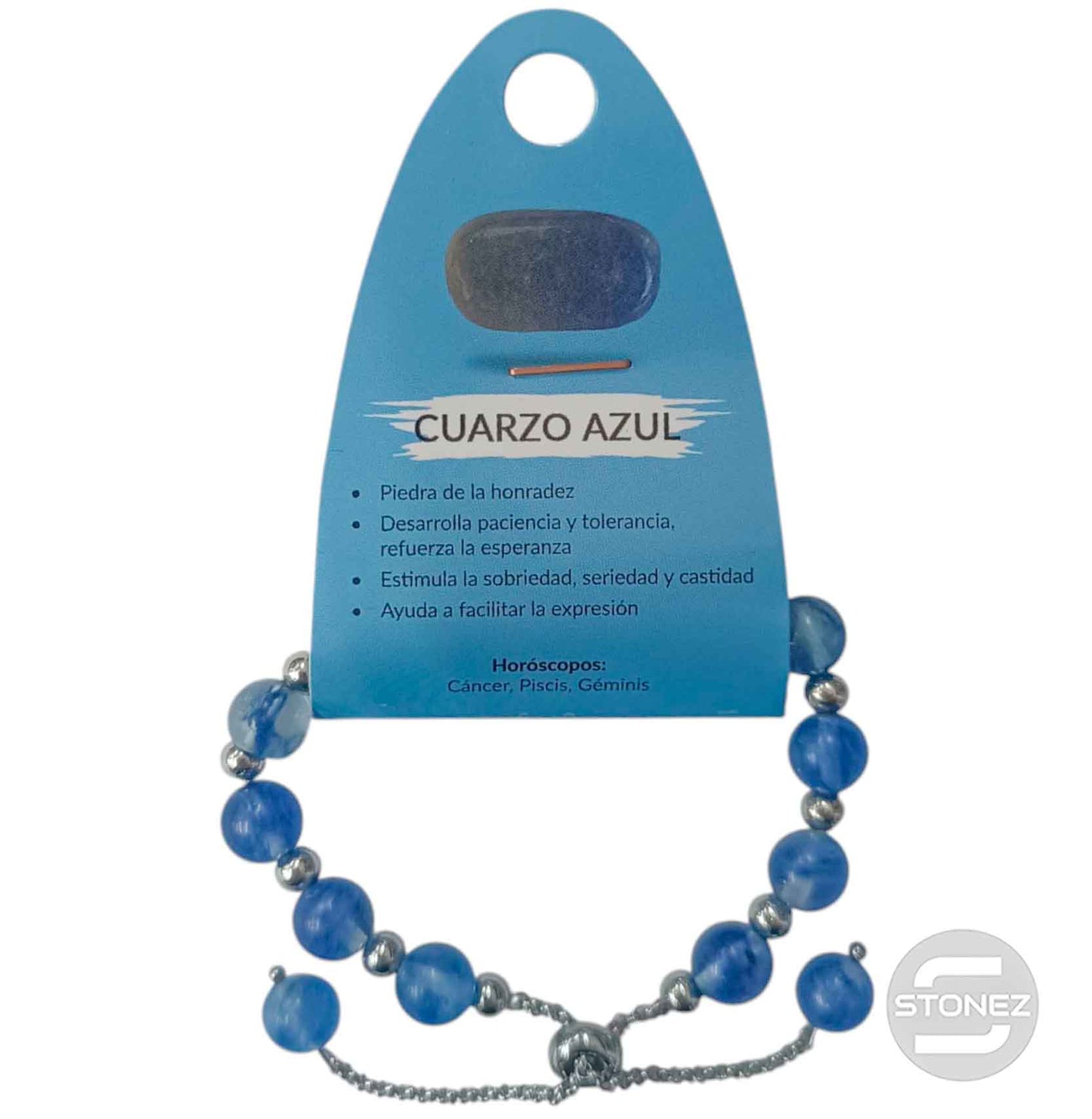 600103349 Pulsera Ajustable Piedra Natural 8 mm Cuarzo Azul Rutilado Y Bolas De Acero 4 mm