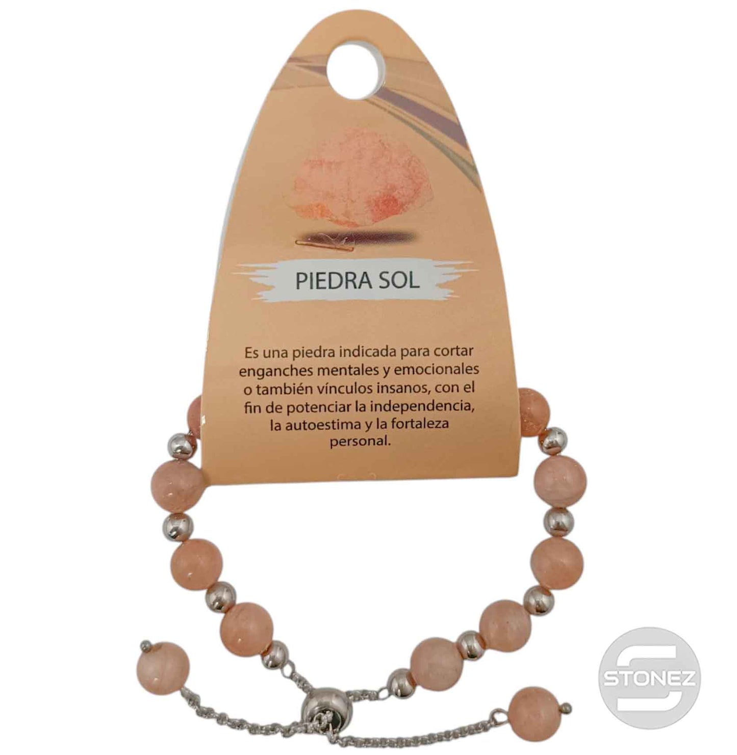 600103355 Pulsera Ajustable Piedra Natural 8 mm Piedra Sol Y Bolas De Acero 4 mm