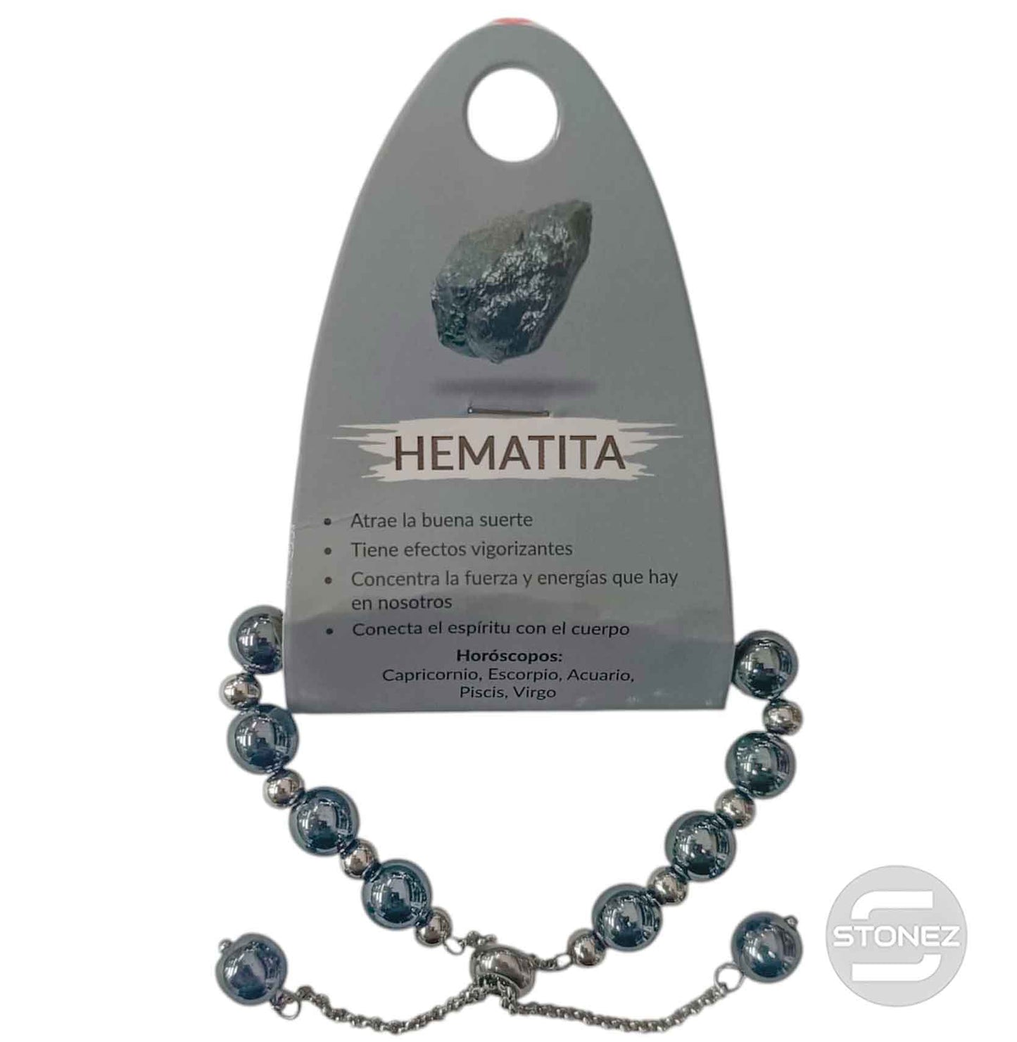 600103357 Pulsera Ajustable Piedra Natural 8 mm Hematite Y Bolas De Acero 4 mm