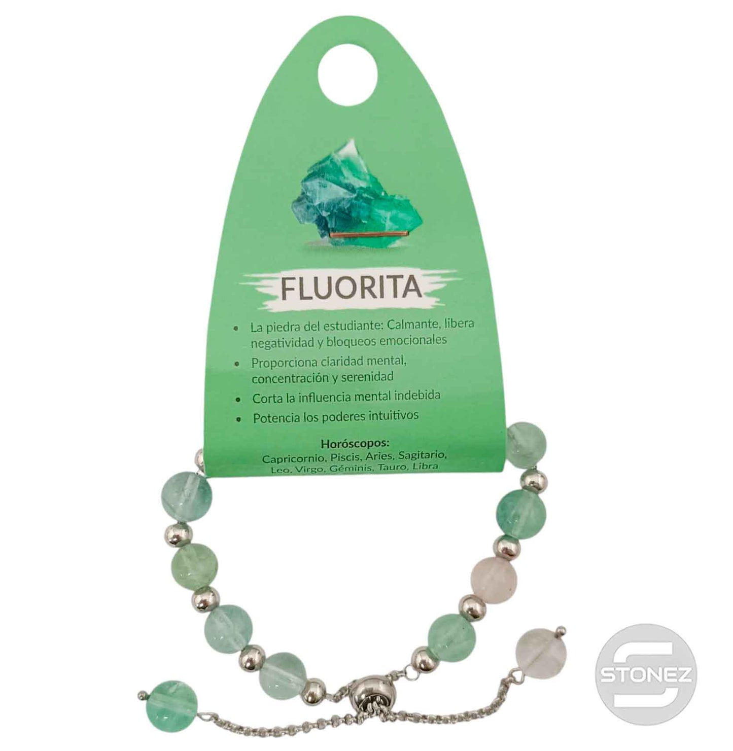 600103363 Pulsera Ajustable Piedra Natural 8 mm Fluorita Y Bolas De Acero 4 mm