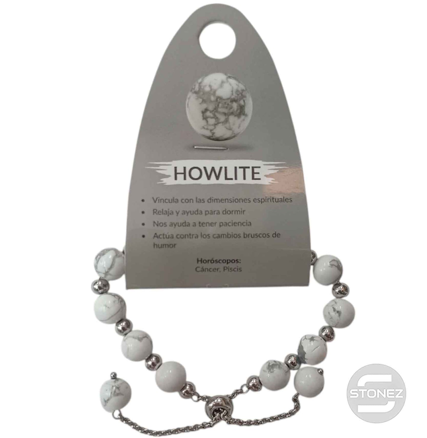 600103365 Pulsera Ajustable Piedra Natural 8 mm Howlite Y Bolas De Acero 4 mm