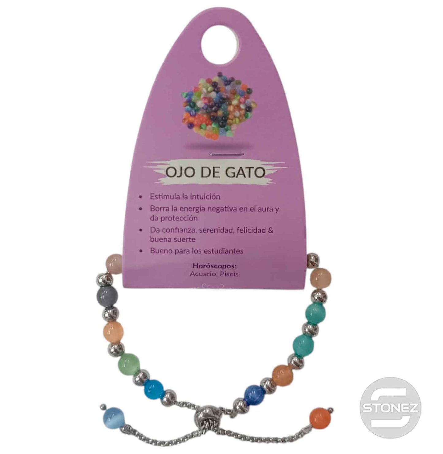 600103370 Pulsera Ajustable Piedra Natural 6 mm Ojo De Gato Y Bolas De Acero 4 mm