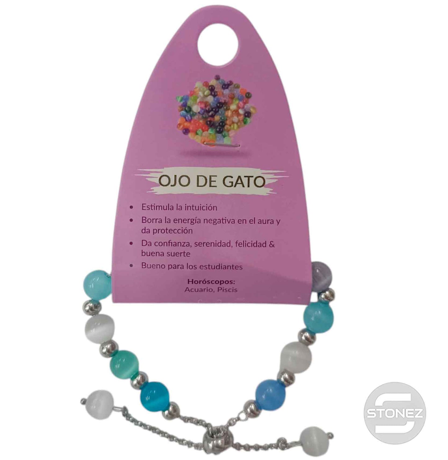 600103371 Pulsera Ajustable Piedra Natural 8 mm Ojo De Gato Y Bolas De Acero 4 mm