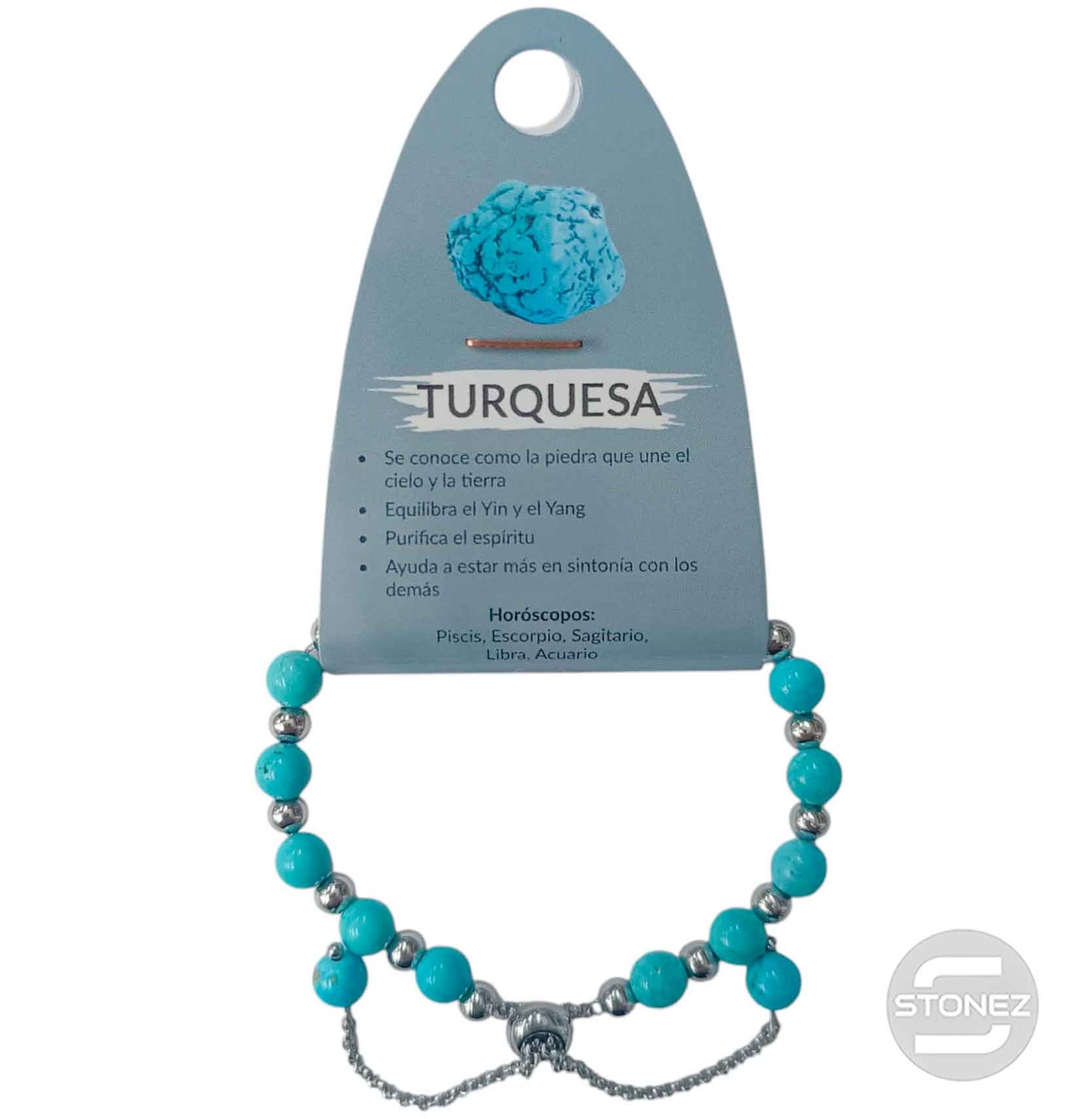 600103374 Pulsera Ajustable Piedra 6 mm Turquesina Y Bolas De Acero 4 mm