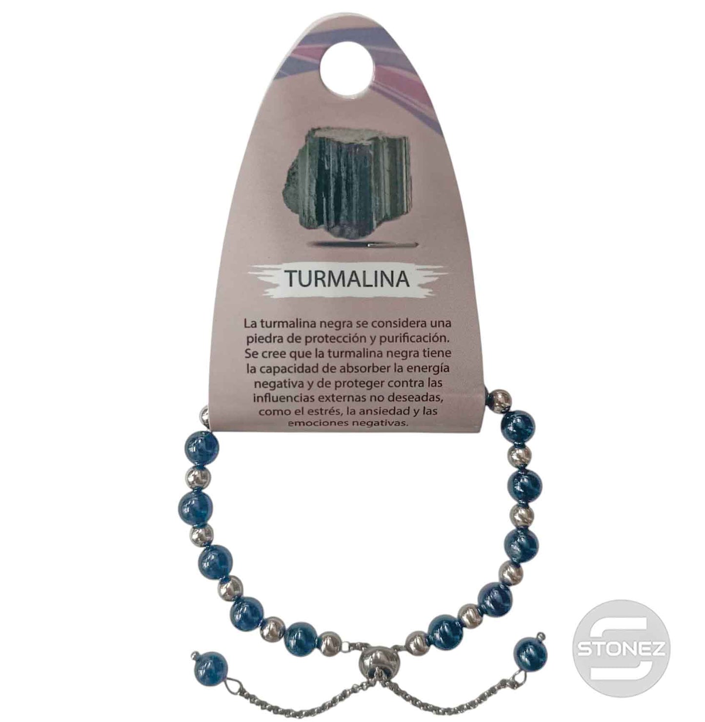 600103380 Pulsera Ajustable Piedra Natural 6 mm Turmalina Y Bolas De Acero 4 mm