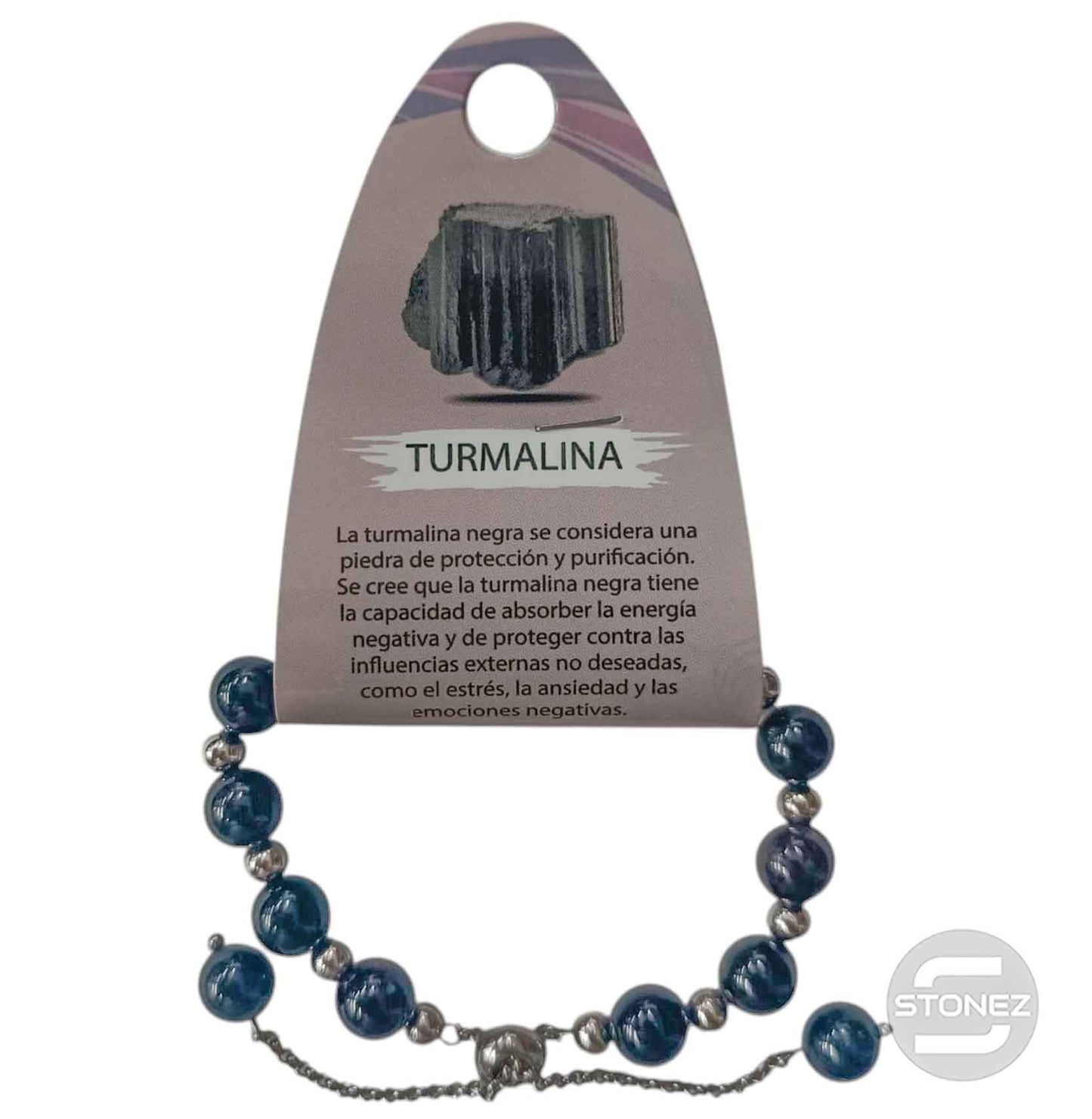 600103381 Pulsera Ajustable Piedra Natural 8 mm Turmalina Y Bolas De Acero 4 mm
