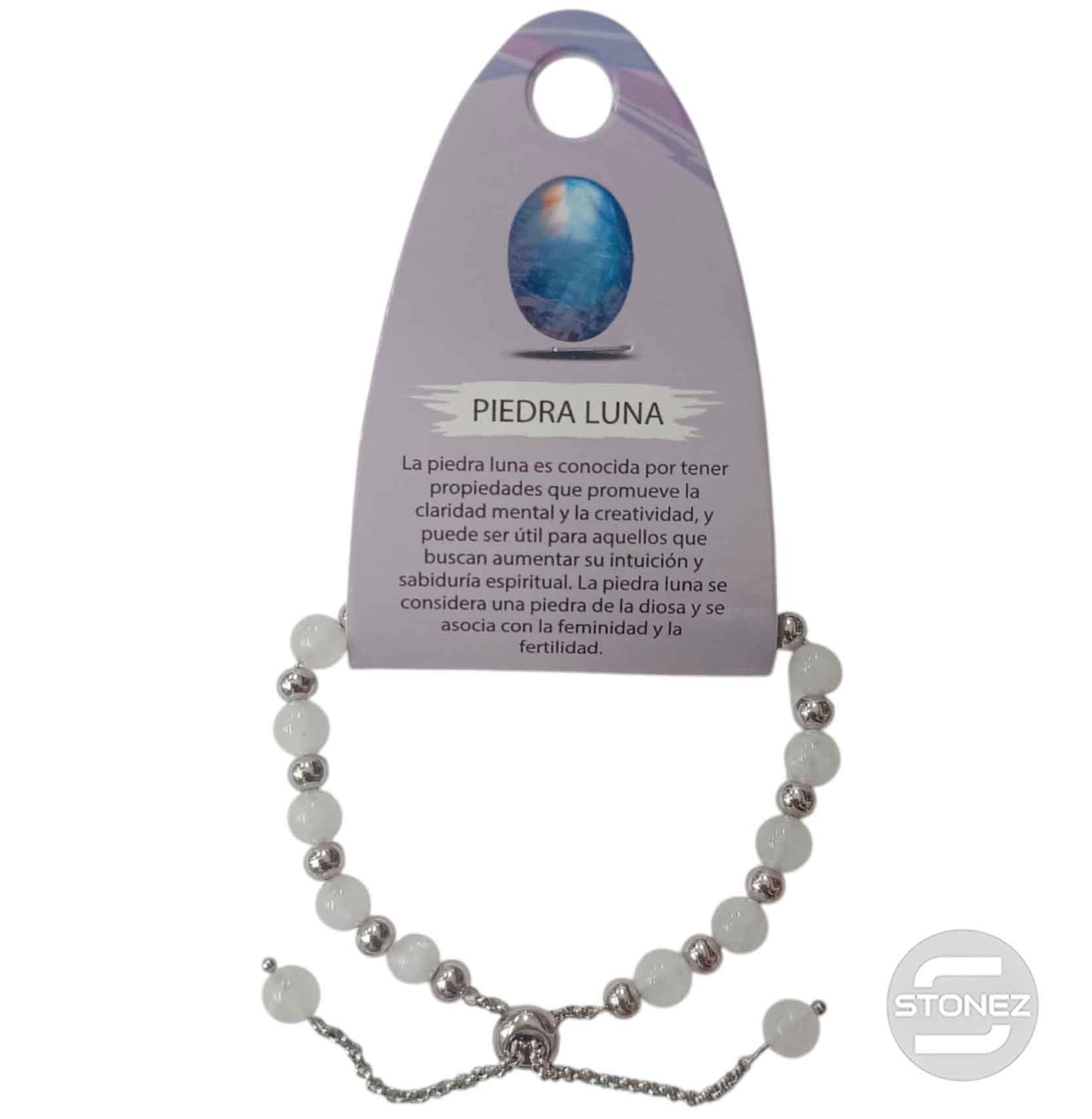 600103382 Pulsera Ajustable Piedra Natural 6 mm Piedra Luna Y Bolas De Acero 4 mm