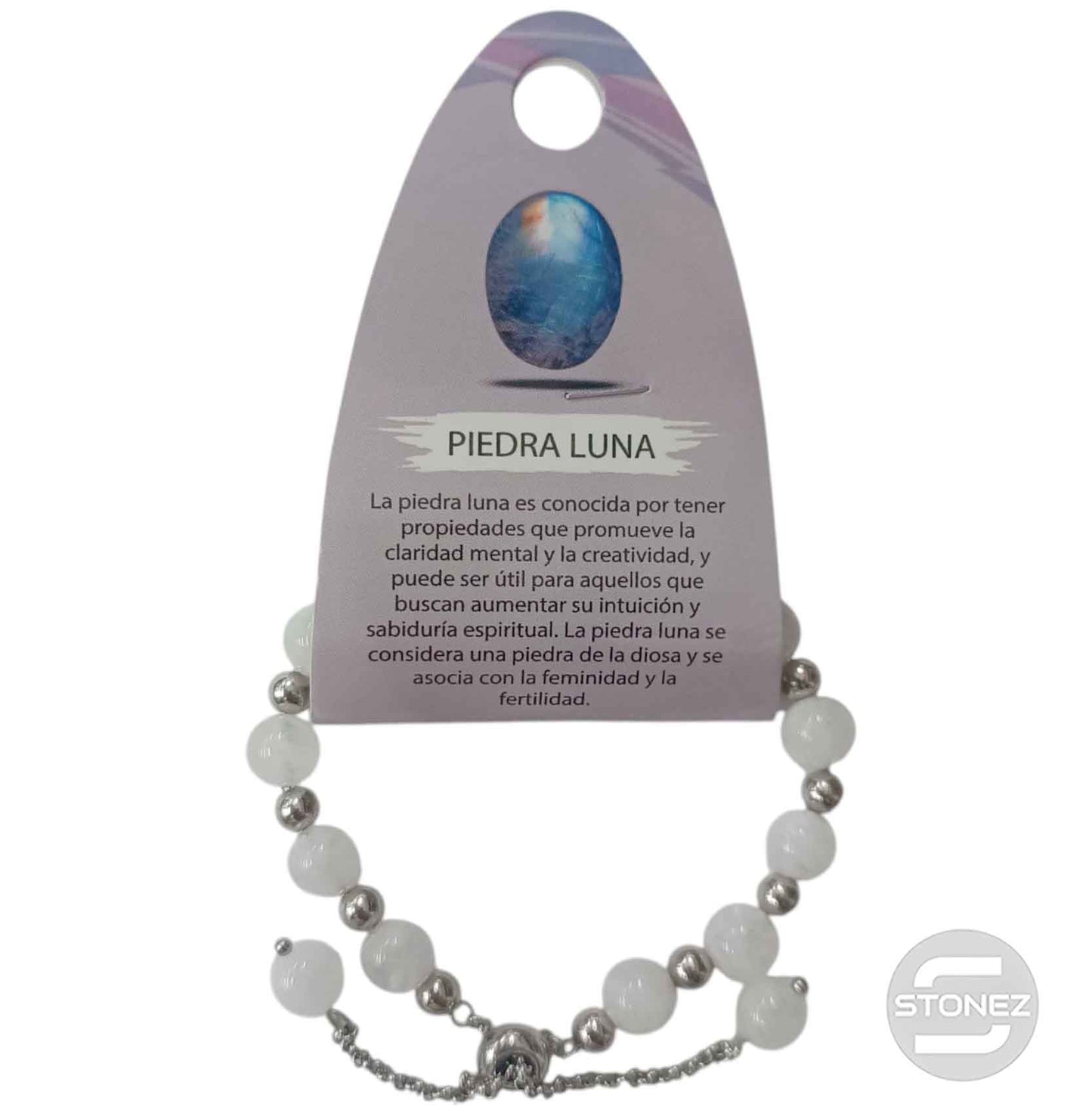 600103383 Pulsera Ajustable Piedra Natural 8 mm Piedra Luna Y Bolas De Acero 4 mm