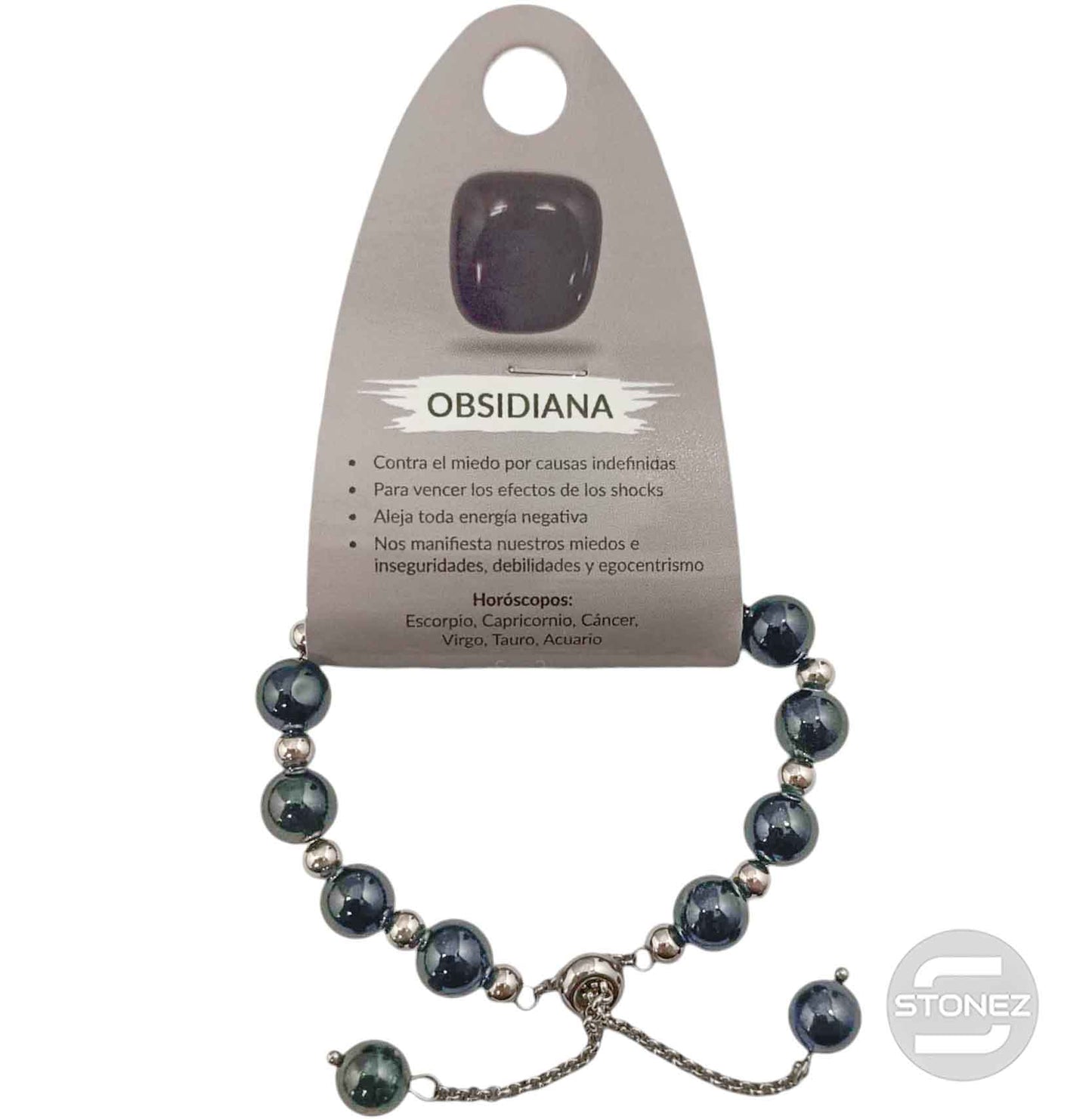 600103387 Pulsera Ajustable Piedra Natural 8 mm Obsidiana Y Bolas De Acero 4 mm