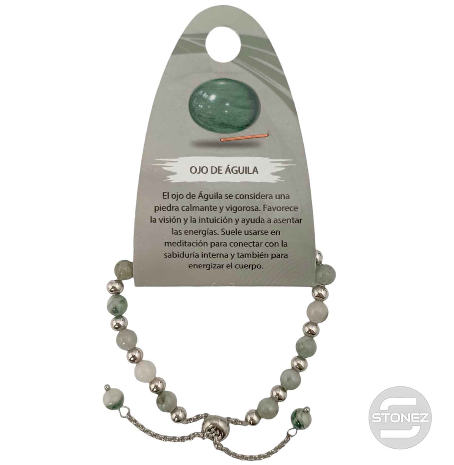 600103398 Pulsera Ajustable Piedra Natural 6 mm Ojo De Aguila Y Bolas De Acero 4 mm