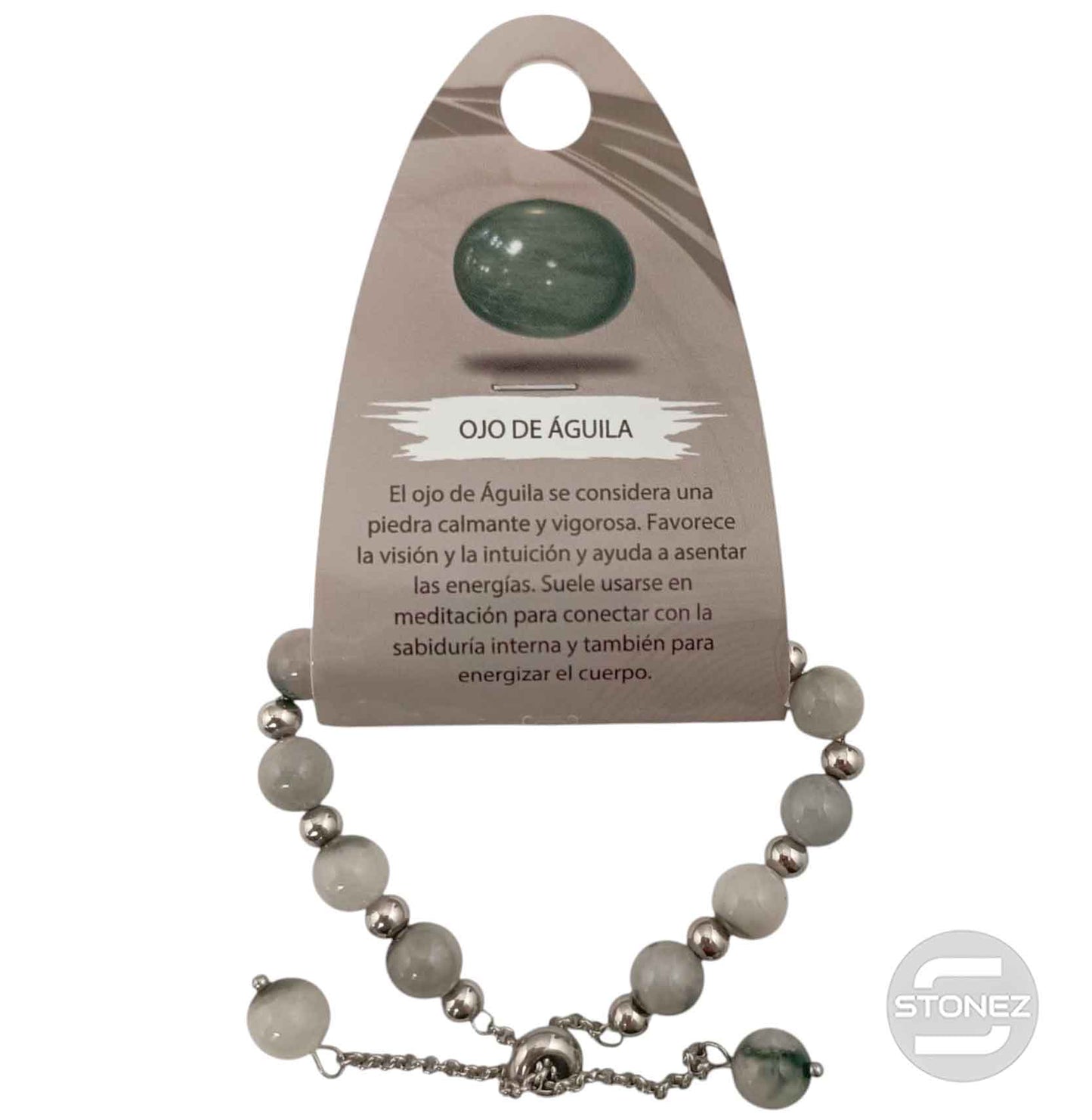 600103399 Pulsera Ajustable Piedra Natural 8 mm Ojo De Aguila Y Bolas De Acero 4 mm