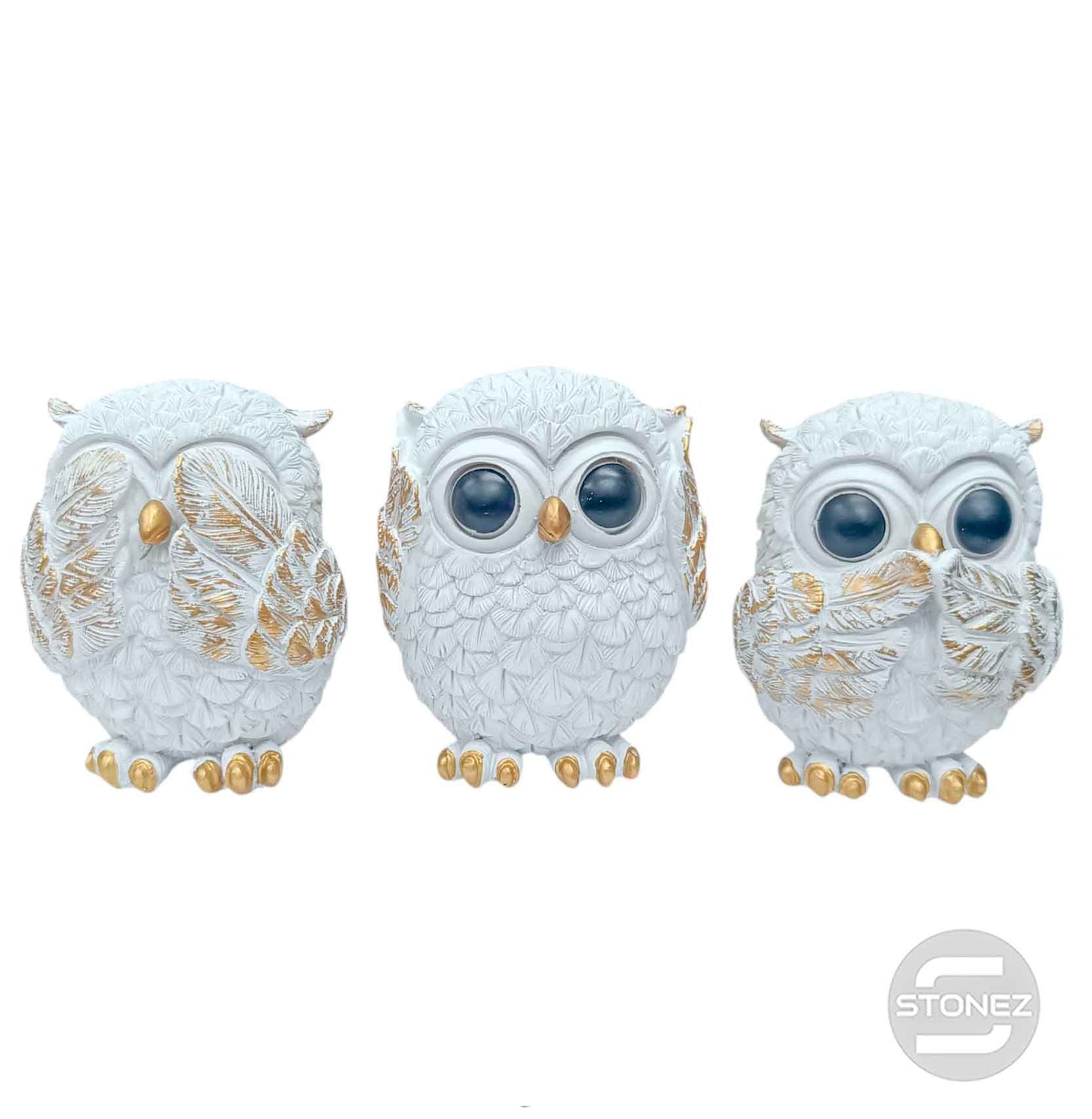 600103406 Juego Figura En Resina Buhos Ver Oir Callar 9 Cms Apox Color Blanco